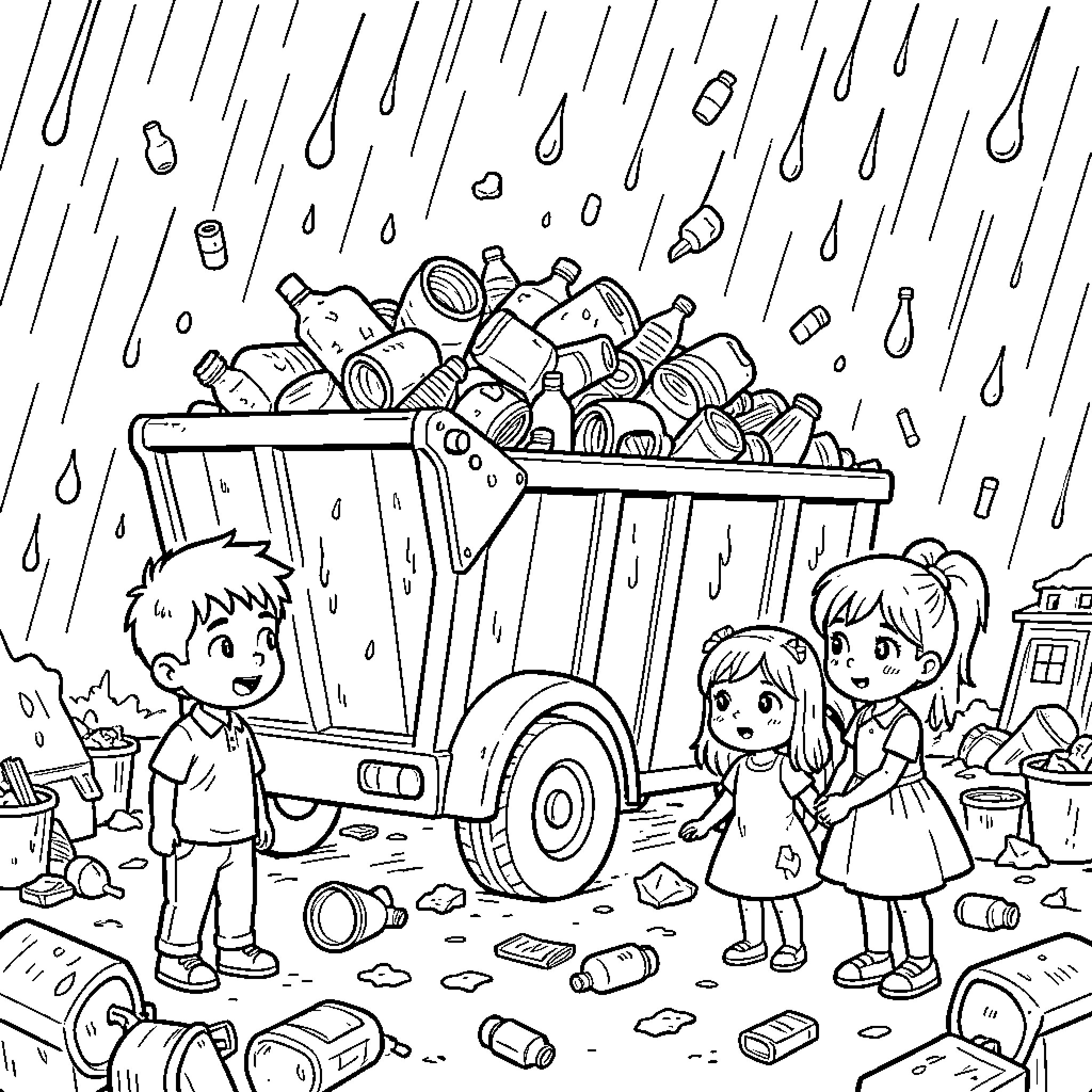 Camion Poubelle collecting glass bottles in the rain Coloring Page (free black-and-white line drawing printable PDF for all, from beginners to advanced learners, including children, teens, adults, and seniors)