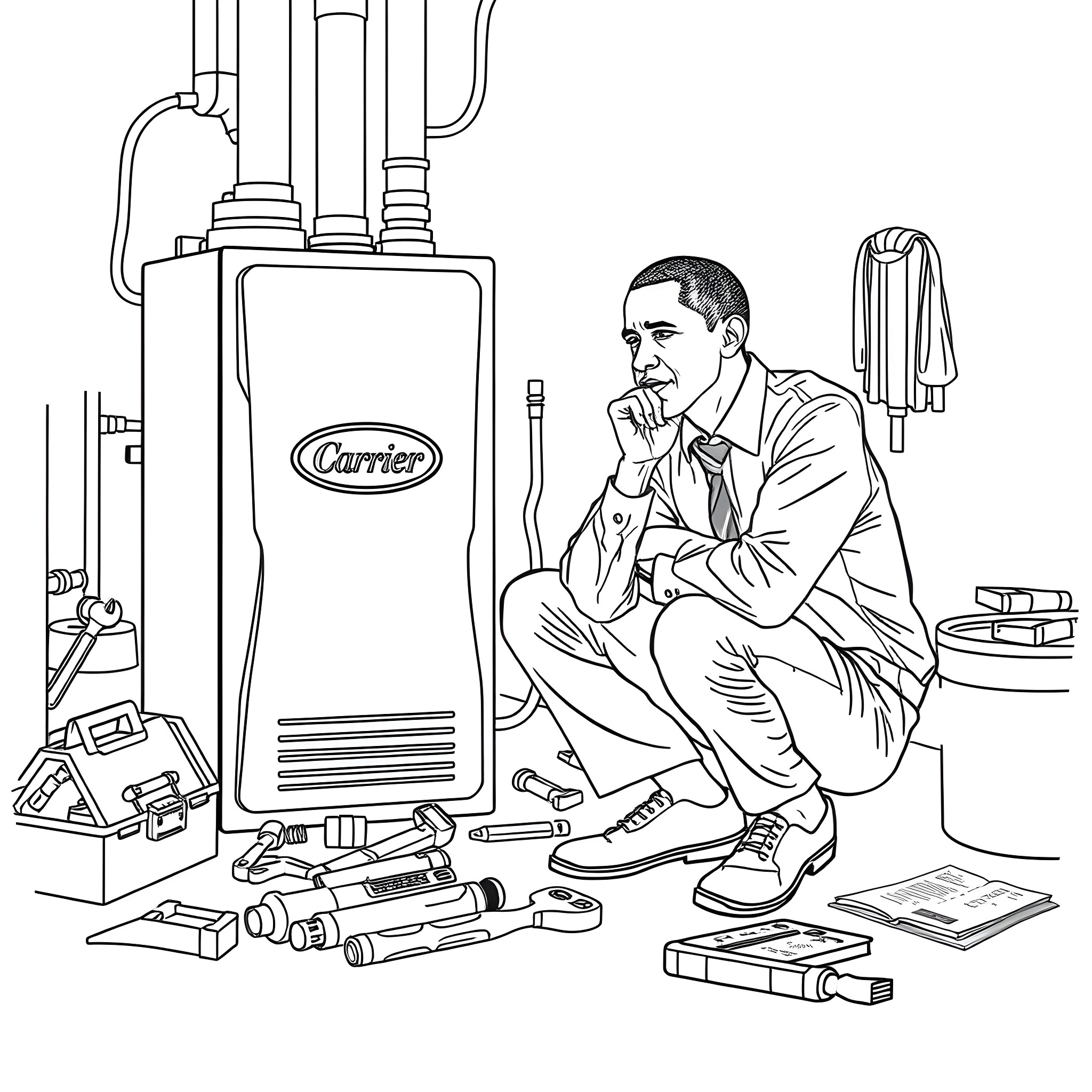 Obama examining and repairing a Carrier HVAC unit Coloring Page (free black-and-white line drawing printable PDF for all, from beginners to advanced learners, including children, teens, adults, and seniors)