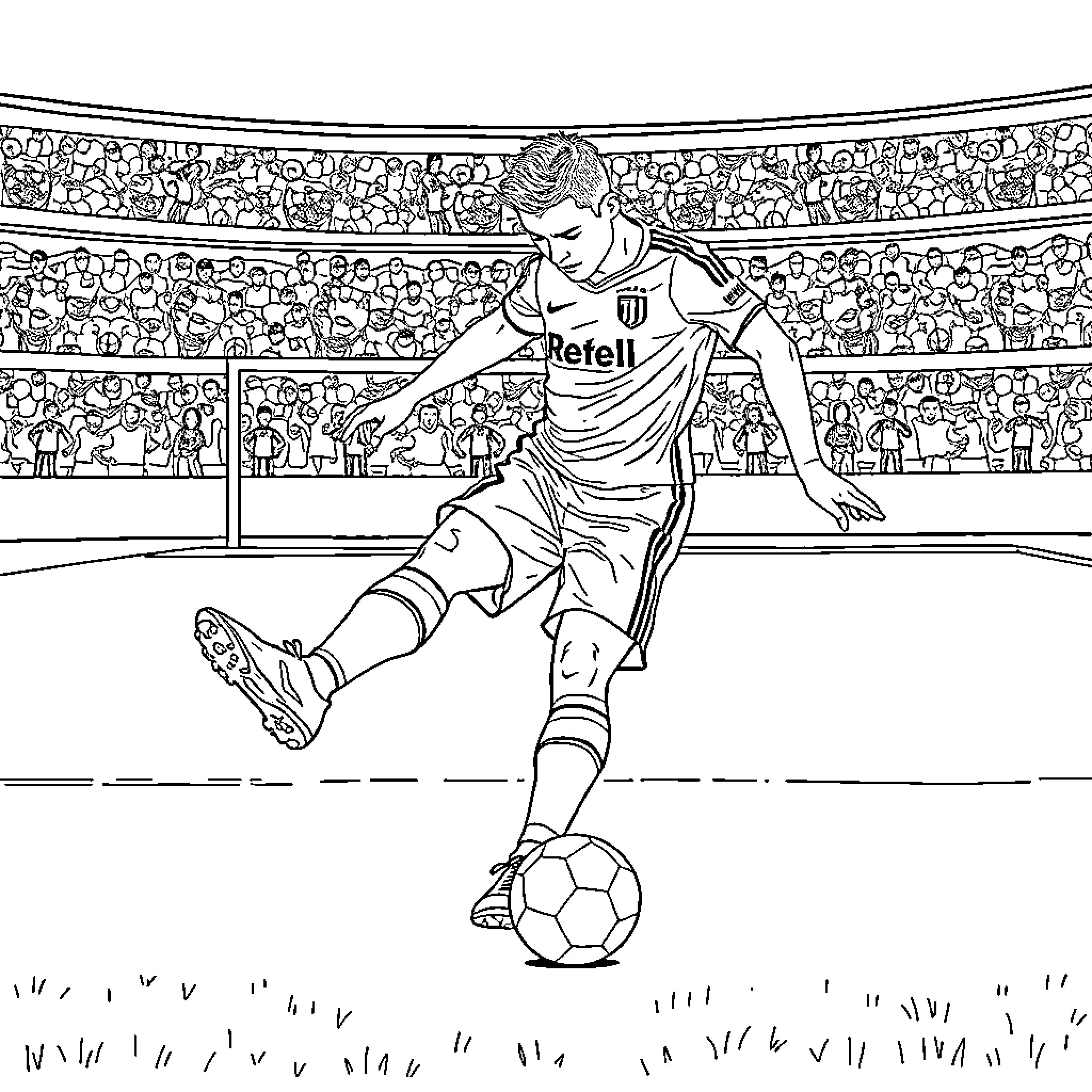 Ronaldo's Soccer Skills on the Pitch Coloring Page (free black-and-white line drawing printable PDF for all, from beginners to advanced learners, including children, teens, adults, and seniors)