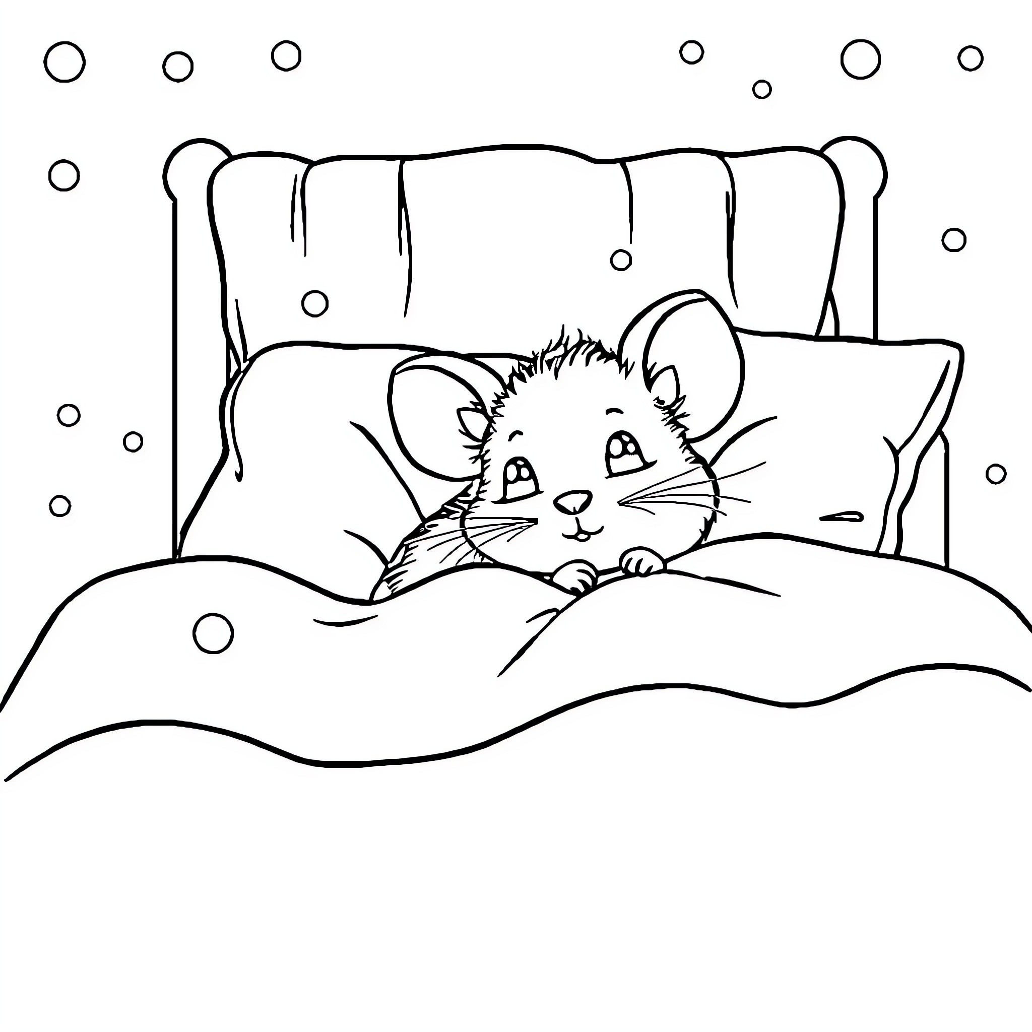 Mouse snuggling cozy in bed Coloring Page (free black-and-white line drawing printable PDF for all, from beginners to advanced learners, including children, teens, adults, and seniors)