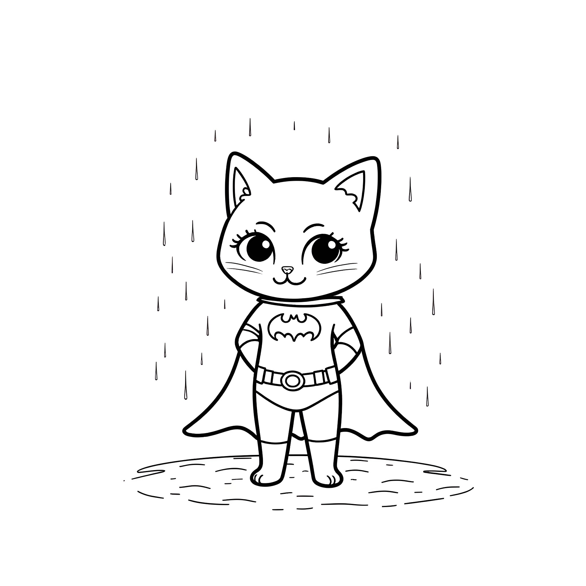 Cat superhero in the rain Coloring Page (free black-and-white line drawing printable PDF for all, from beginners to advanced learners, including children, teens, adults, and seniors)