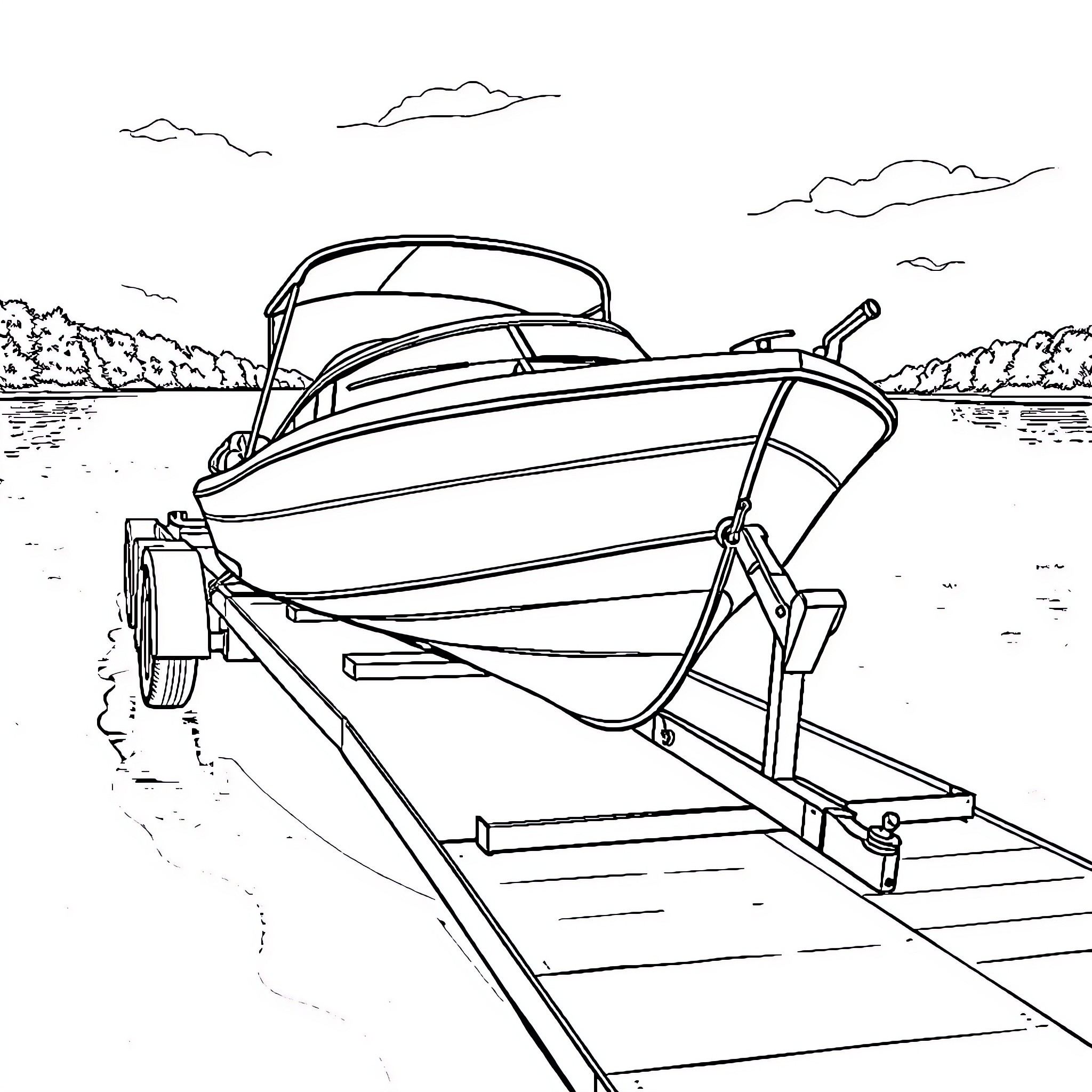 Boat docked on a scenic lake Coloring Page (free black-and-white line drawing printable PDF for all, from beginners to advanced learners, including children, teens, adults, and seniors)