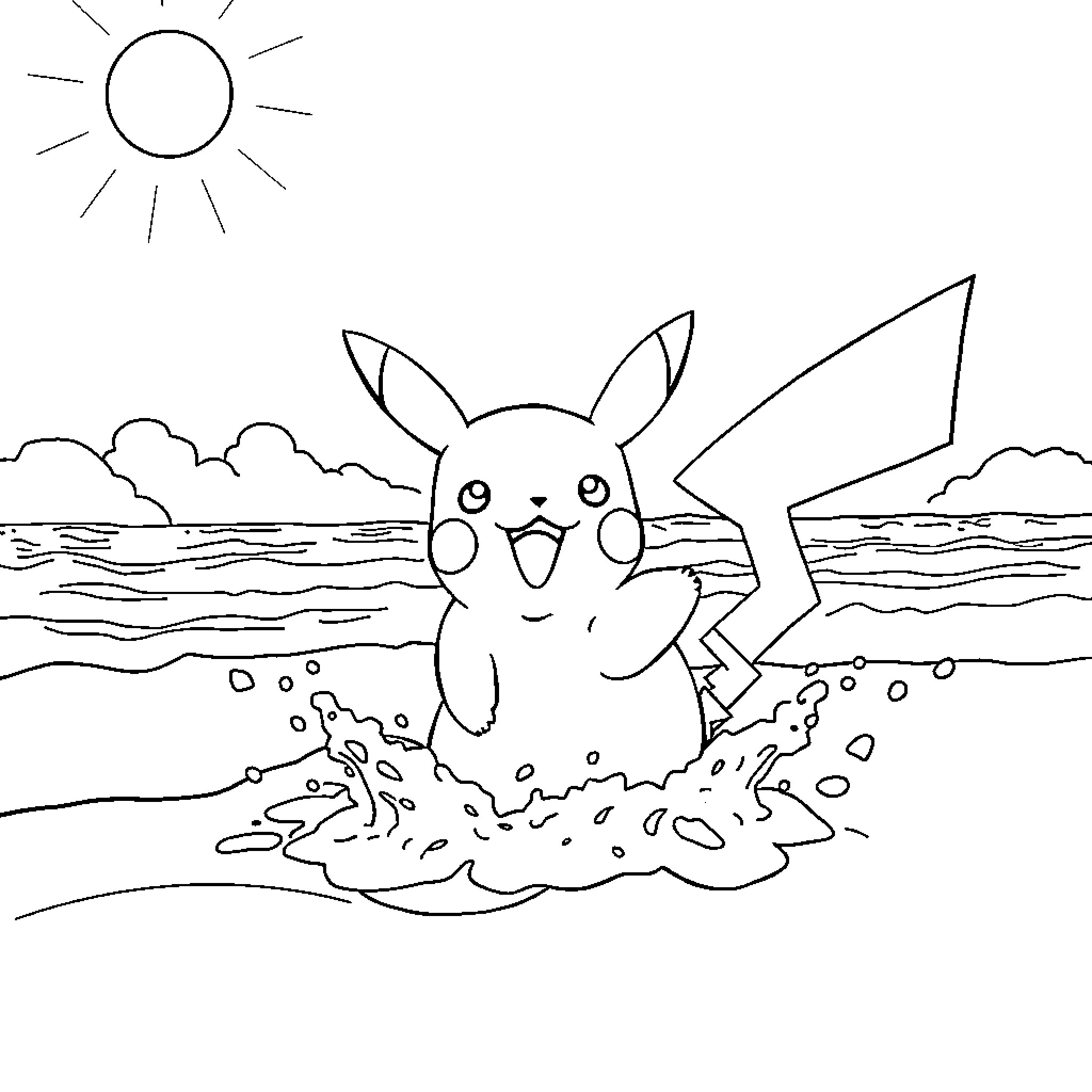Pikachu playing joyfully on the beach Coloring Page (free black-and-white line drawing printable PDF for all, from beginners to advanced learners, including children, teens, adults, and seniors)