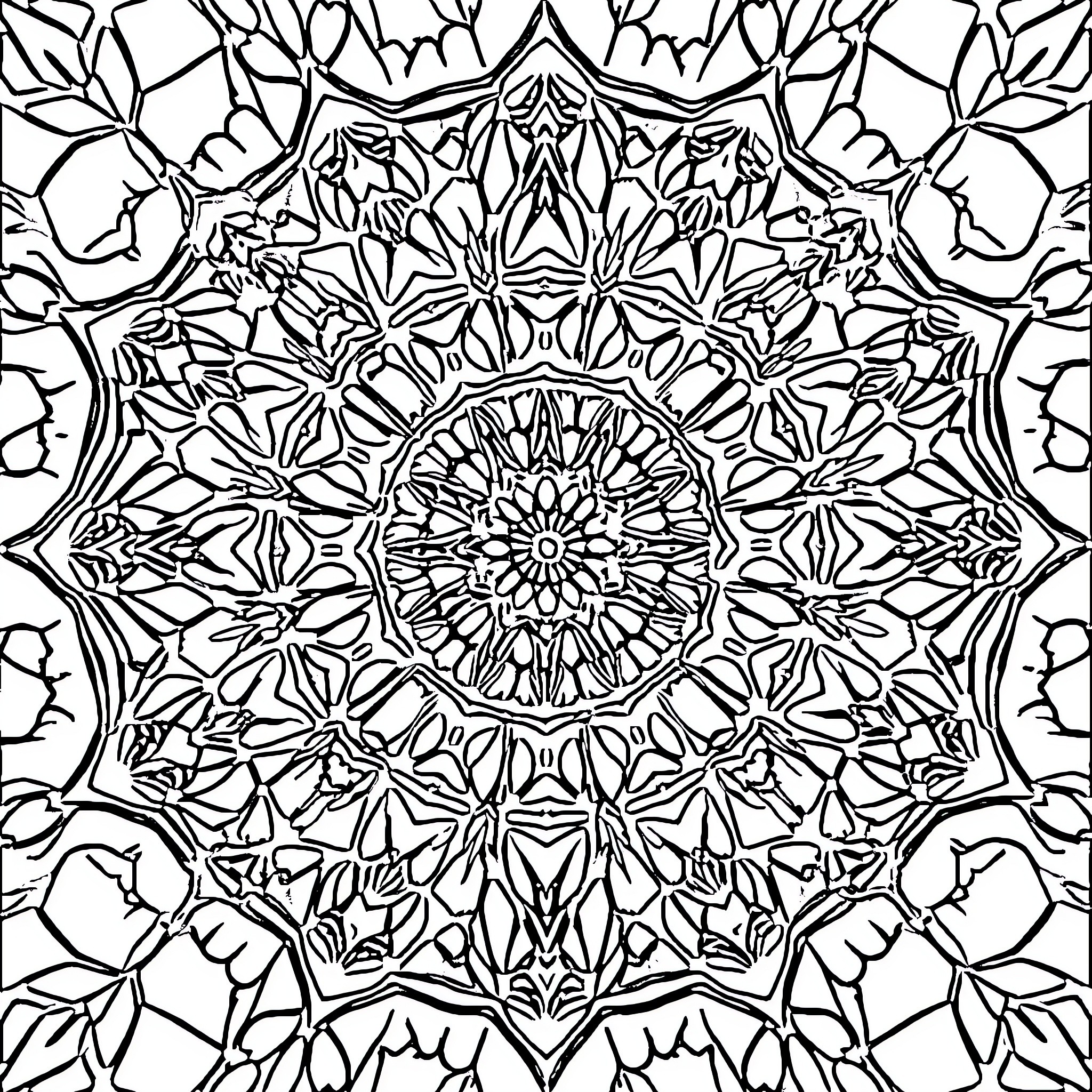 Mandala of intricate floral patterns Coloring Page (free black-and-white line drawing printable PDF for all, from beginners to advanced learners, including children, teens, adults, and seniors)