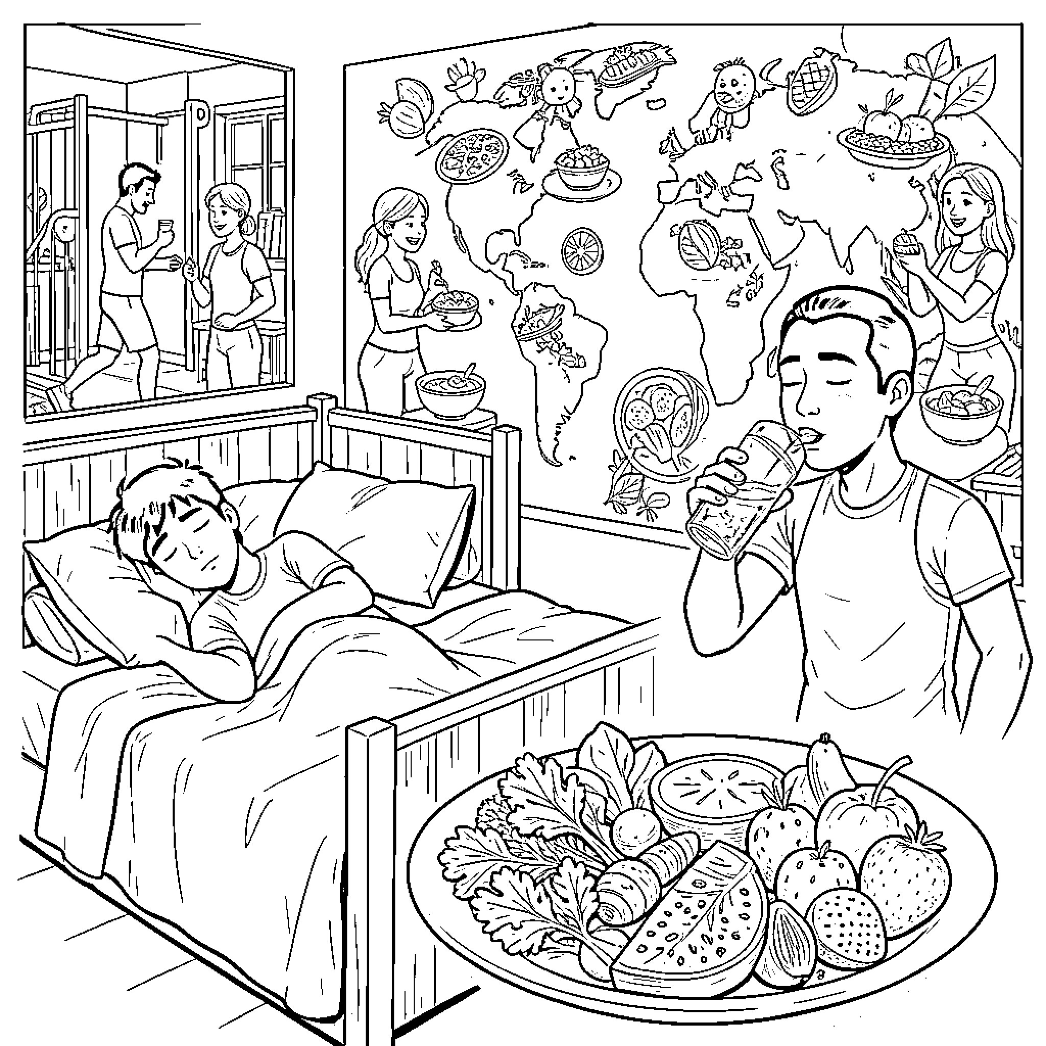 Chico's Culinary Daydreams and Worldly Explorations Coloring Page (free black-and-white line drawing printable PDF for all, from beginners to advanced learners, including children, teens, adults, and seniors)