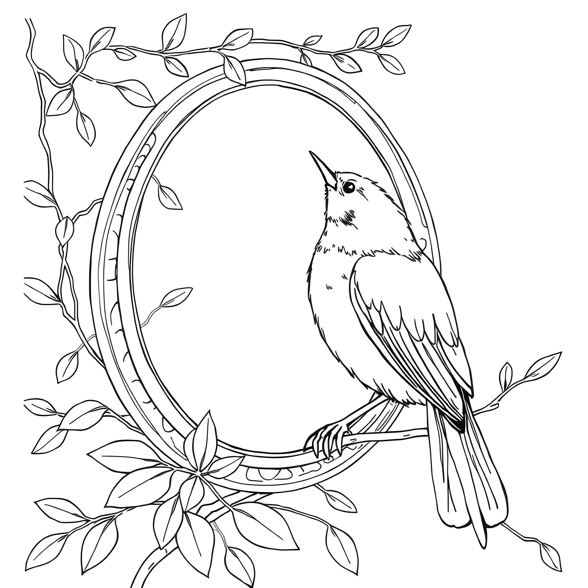 Bird perched inside a floral frame Coloring Page (free black-and-white line drawing printable PDF for all, from beginners to advanced learners, including children, teens, adults, and seniors)