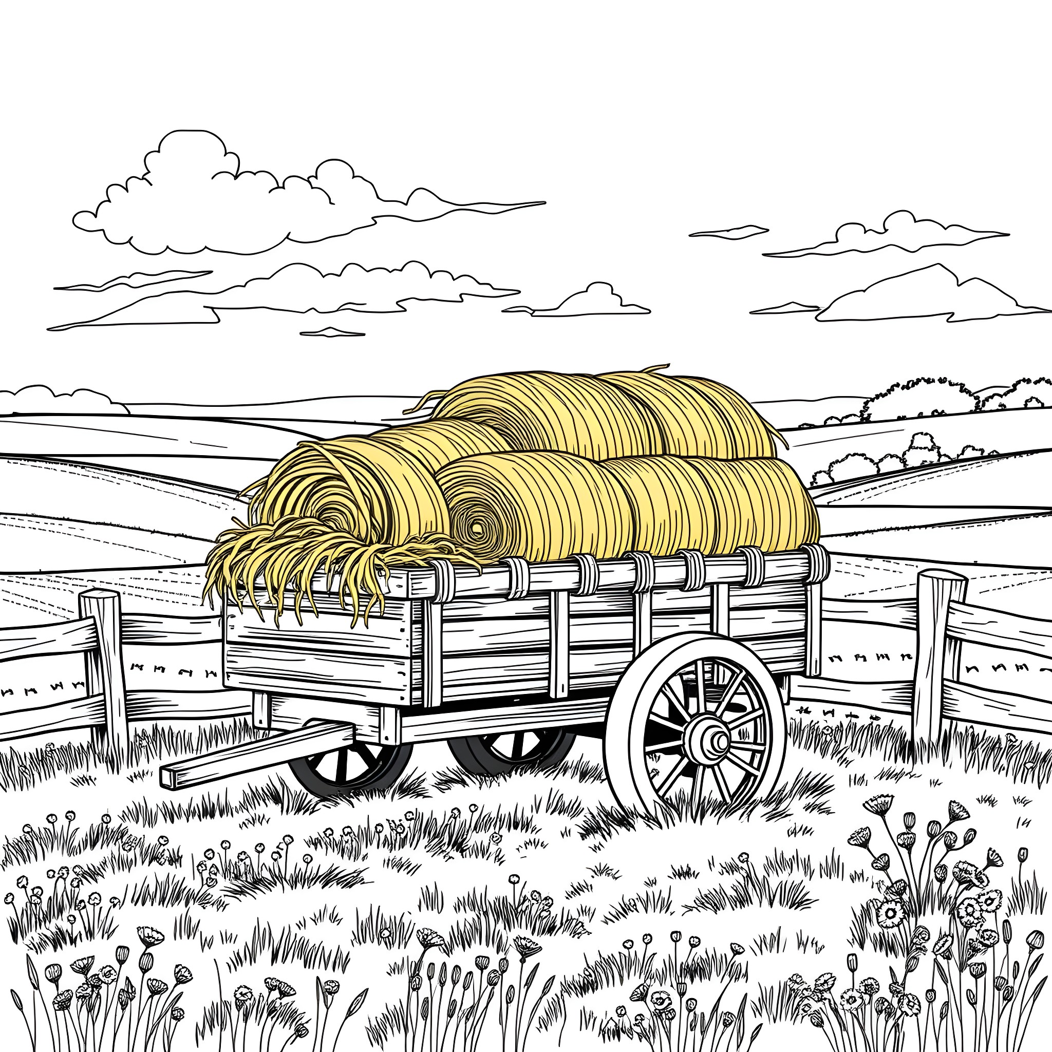 Hay Trailer Transporting Bales Through Grassy Field Coloring Page (free black-and-white line drawing printable PDF for all, from beginners to advanced learners, including children, teens, adults, and seniors)