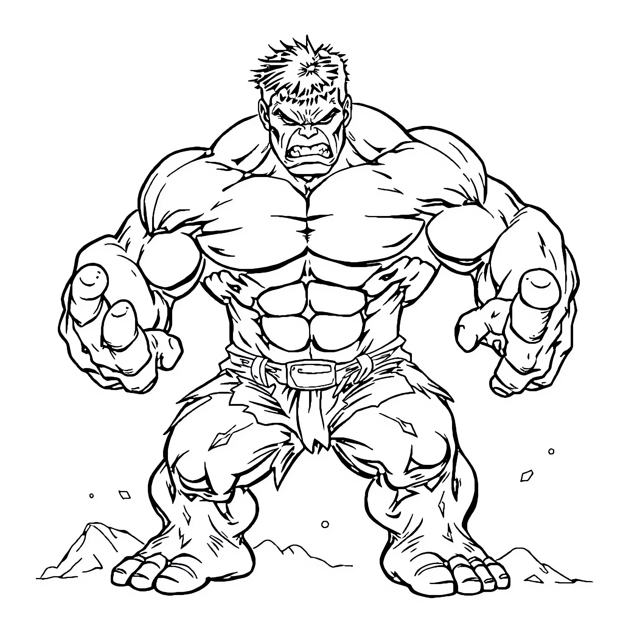 Hulk Smashing Through the Ground Coloring Page (free black-and-white line drawing printable PDF for all, from beginners to advanced learners, including children, teens, adults, and seniors)