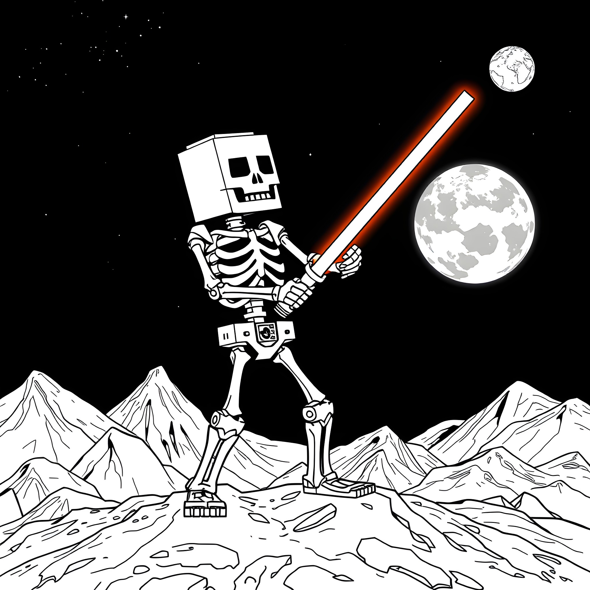 Skeleton Warrior Wielding Sword in Moonlit Mountains Coloring Page (free black-and-white line drawing printable PDF for all, from beginners to advanced learners, including children, teens, adults, and seniors)