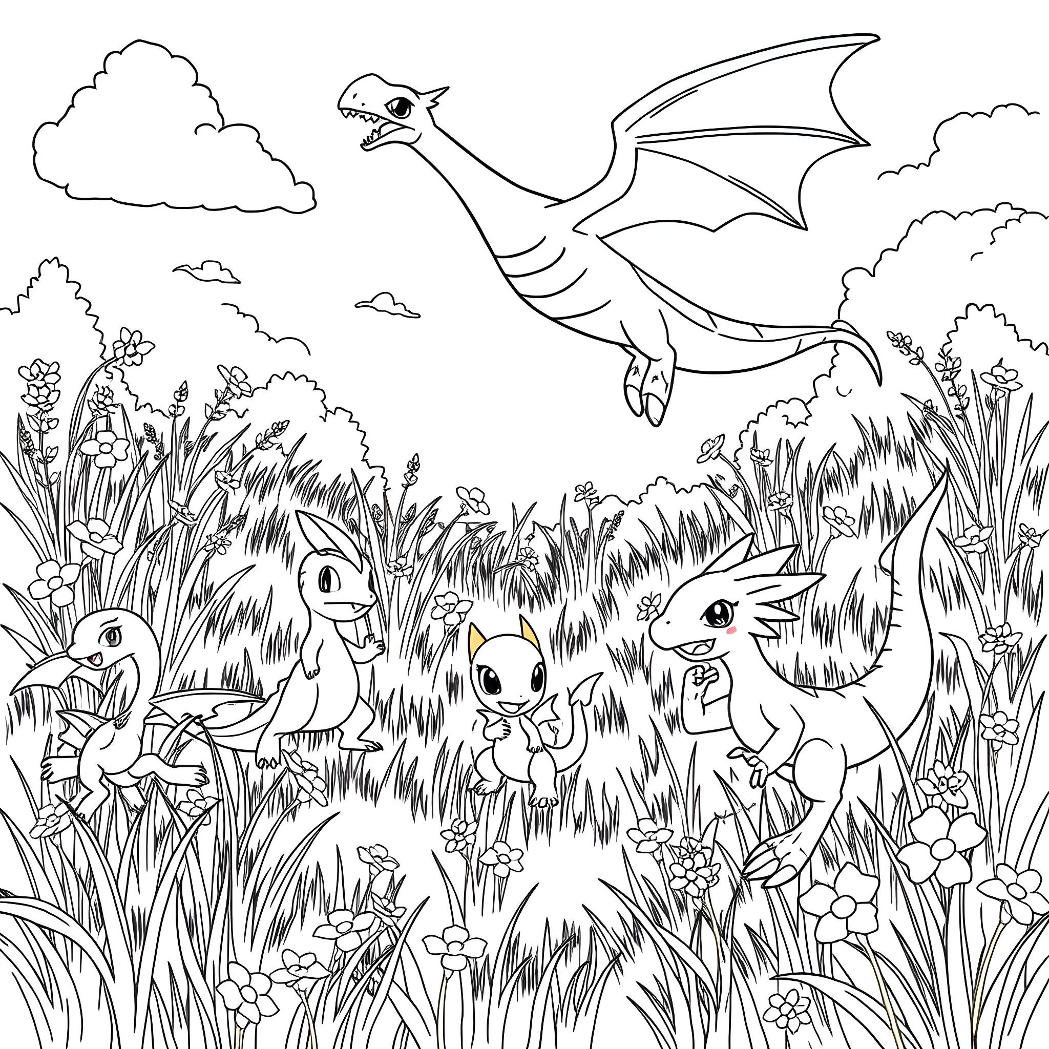 Dragon soaring over a fantasy landscape with creatures Coloring Page (free black-and-white line drawing printable PDF for all, from beginners to advanced learners, including children, teens, adults, and seniors)