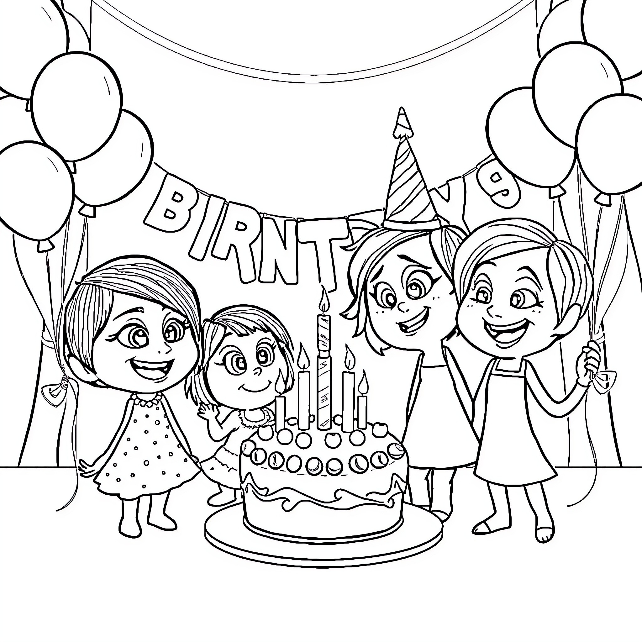Character Birthday Celebration with Cake and Balloons Coloring Page (free black-and-white line drawing printable PDF for all, from beginners to advanced learners, including children, teens, adults, and seniors)