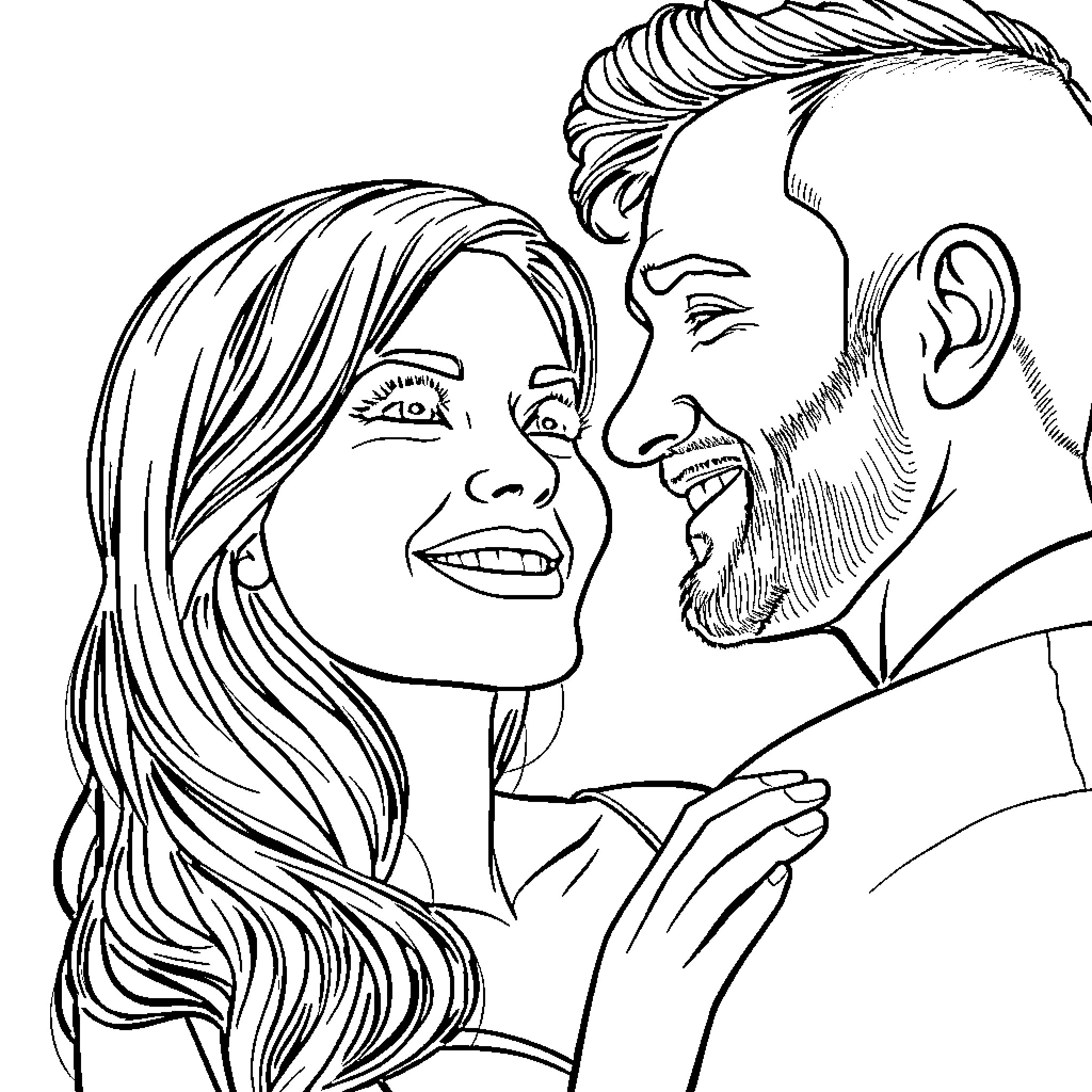 Wife sharing joyful moment with husband Coloring Page (free black-and-white line drawing printable PDF for all, from beginners to advanced learners, including children, teens, adults, and seniors)
