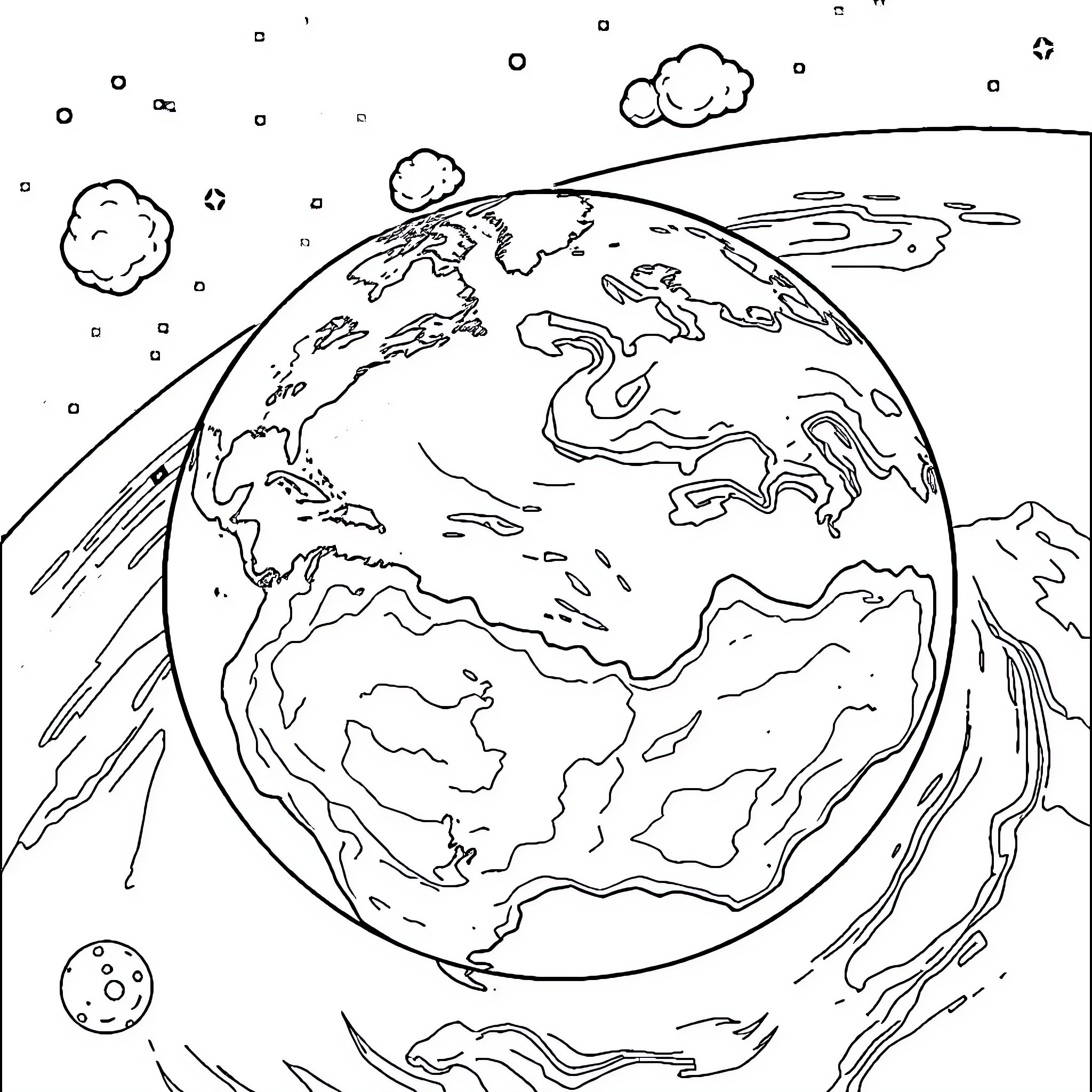 Earth spinning with clouds and mountains Coloring Page (free black-and-white line drawing printable PDF for all, from beginners to advanced learners, including children, teens, adults, and seniors)