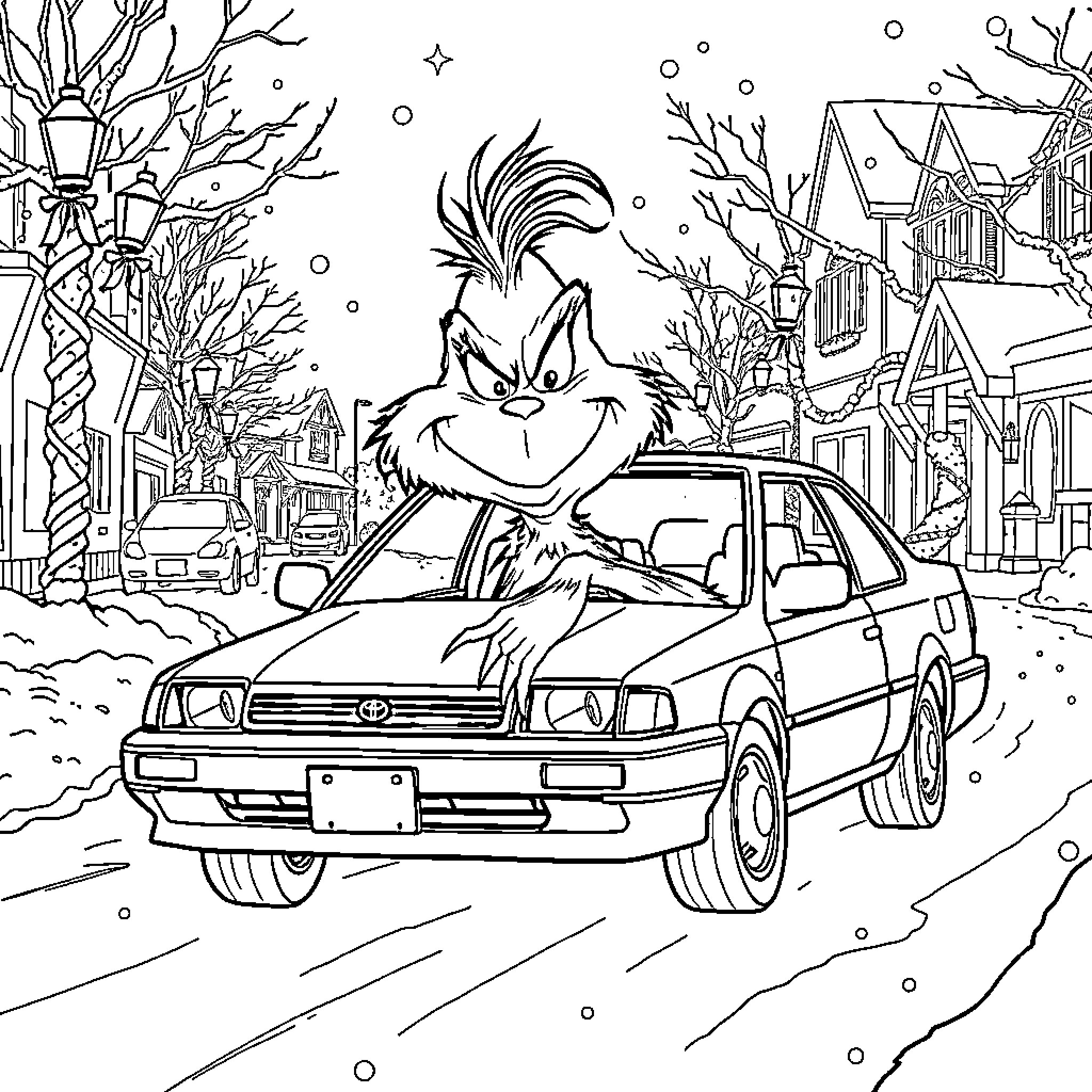Grinch Causing Mischief in the Snowy Town Coloring Page (free black-and-white line drawing printable PDF for all, from beginners to advanced learners, including children, teens, adults, and seniors)