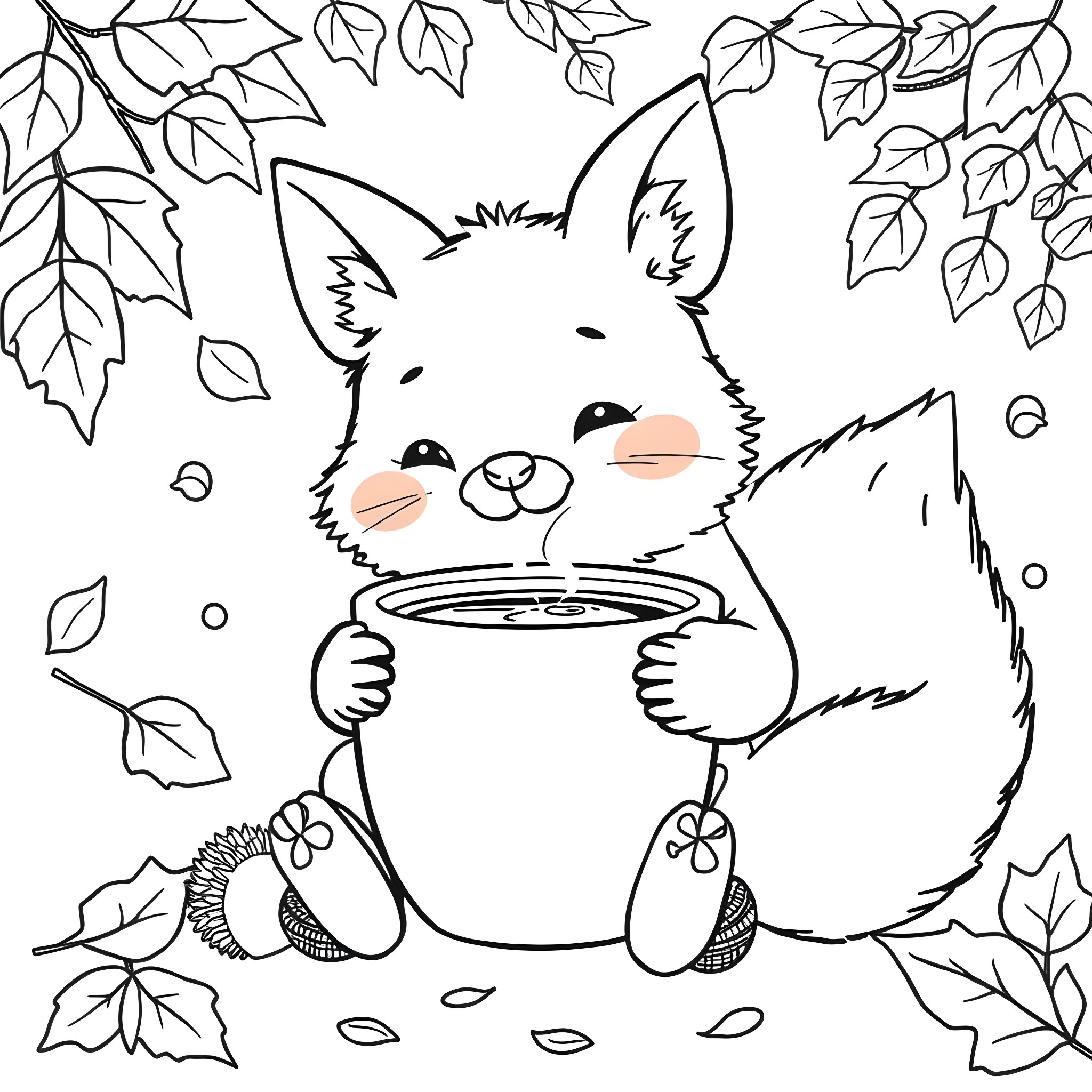 Kawaii Animal enjoying a hot drink in the autumn leaves Coloring Page (free black-and-white line drawing printable PDF for all, from beginners to advanced learners, including children, teens, adults, and seniors)