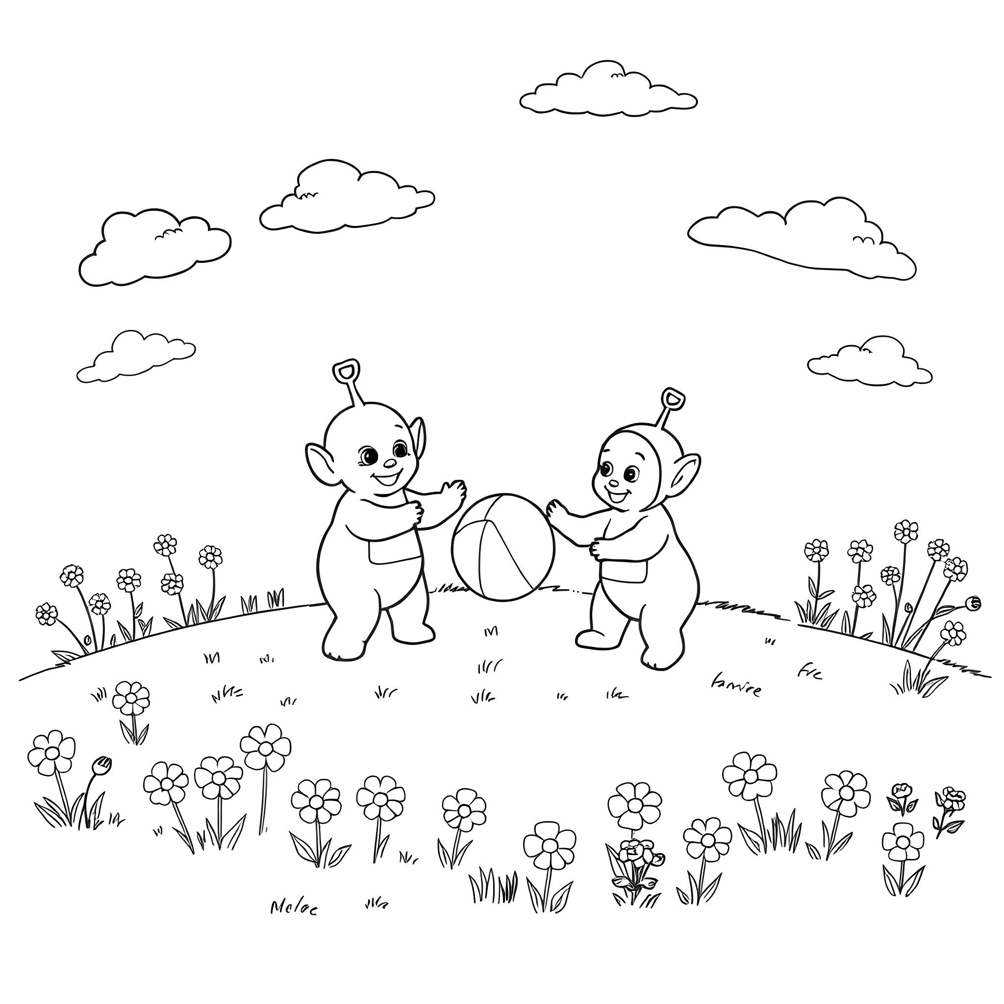 Teletubby characters playing with a ball in a field Coloring Page (free black-and-white line drawing printable PDF for all, from beginners to advanced learners, including children, teens, adults, and seniors)