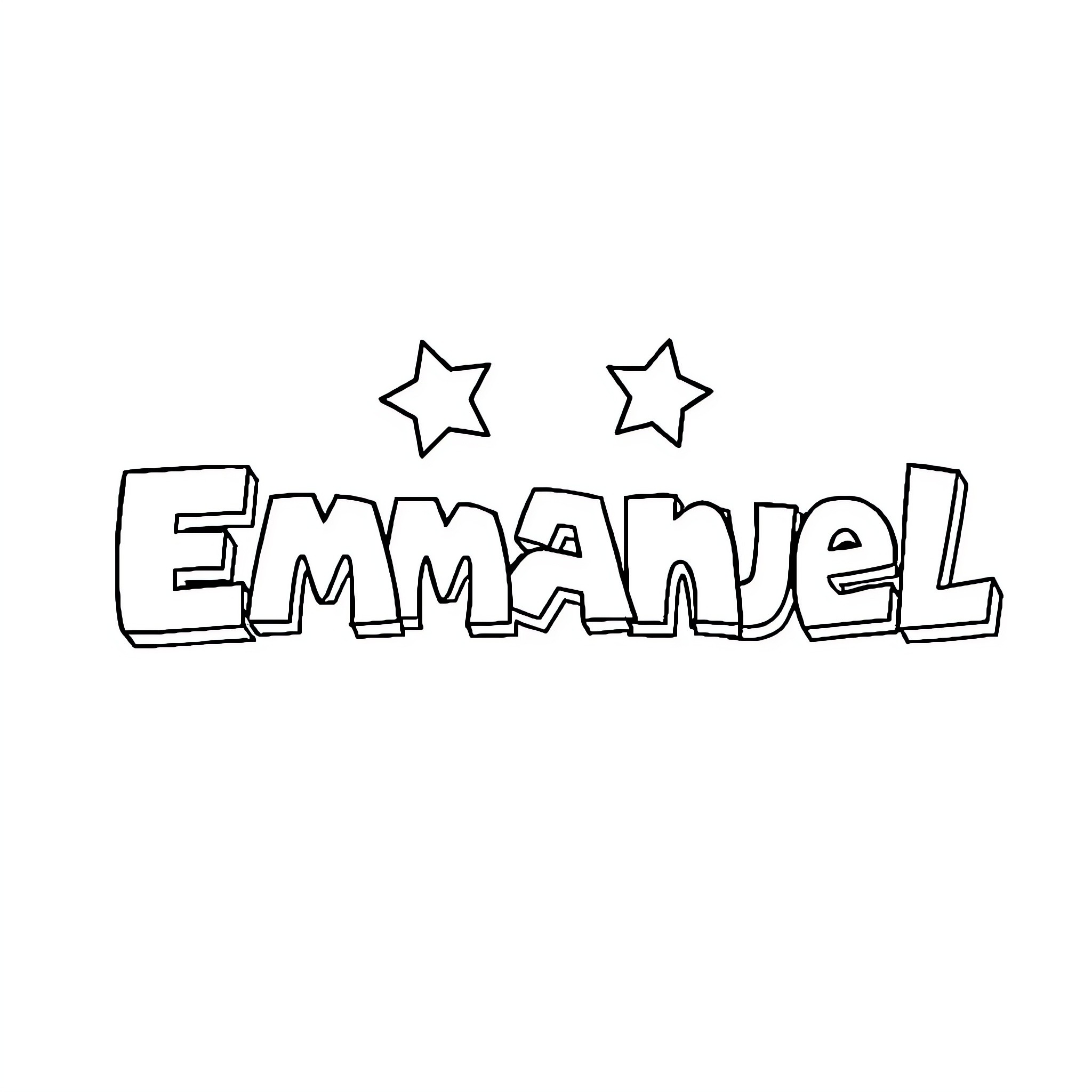 Emmanuel's playful name and stars Coloring Page (free black-and-white line drawing printable PDF for all, from beginners to advanced learners, including children, teens, adults, and seniors)