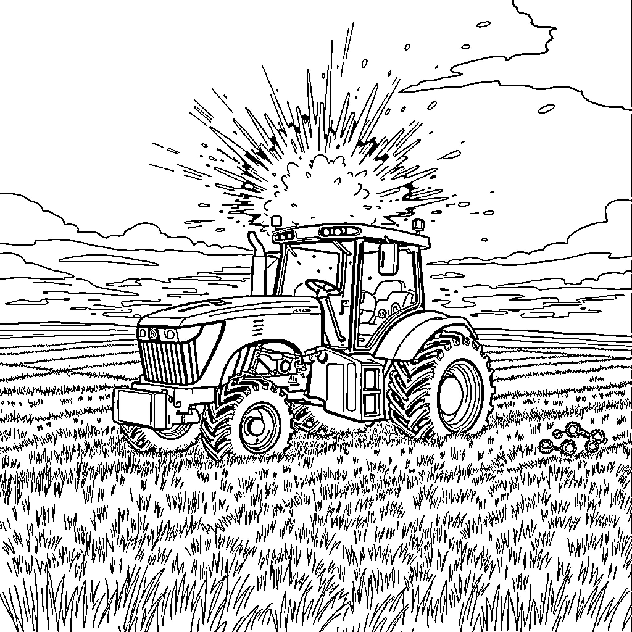 Tractor plowing through the field with dramatic clouds Coloring Page (free black-and-white line drawing printable PDF for all, from beginners to advanced learners, including children, teens, adults, and seniors)