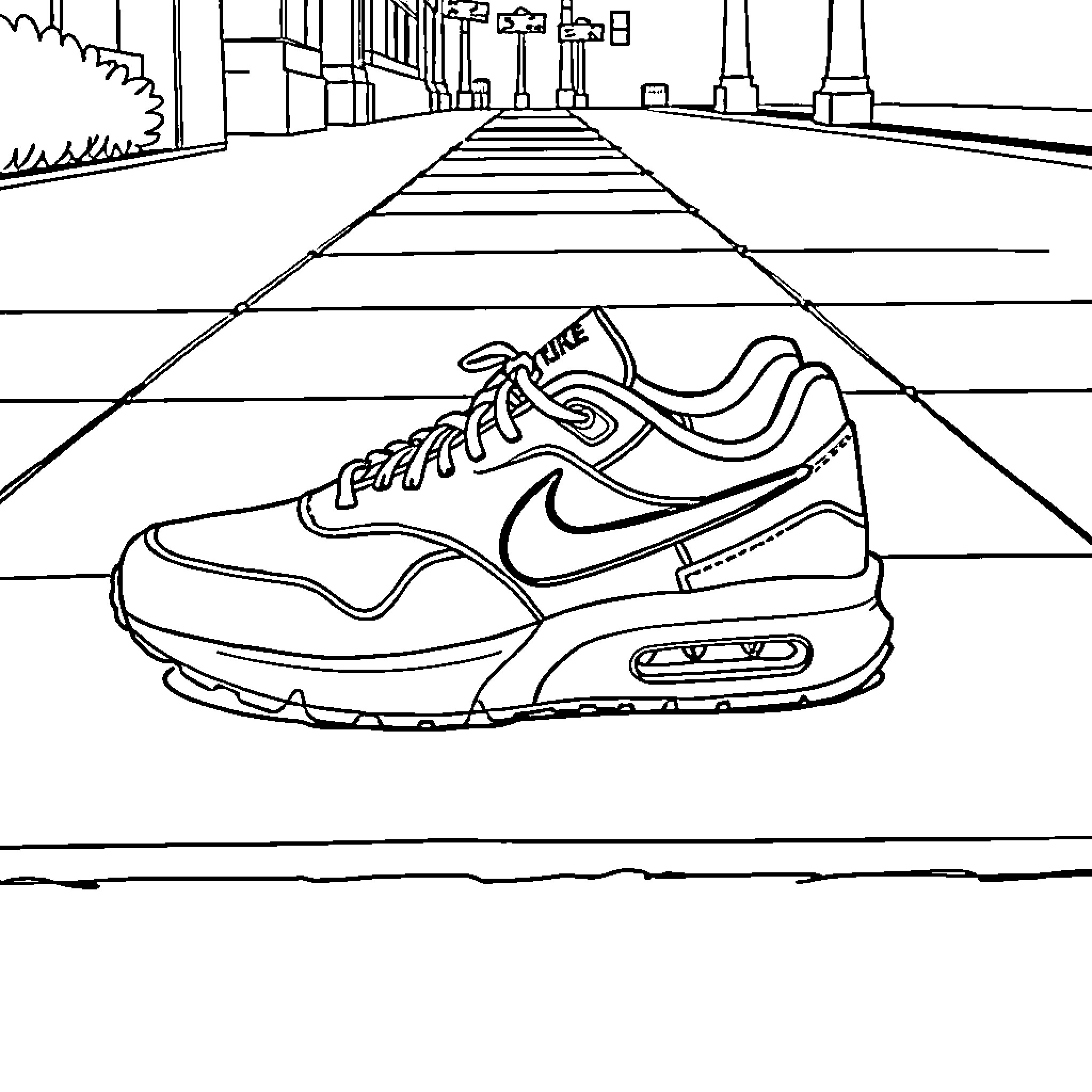 Nike Shoe on City Street Coloring Page (free black-and-white line drawing printable PDF for all, from beginners to advanced learners, including children, teens, adults, and seniors)
