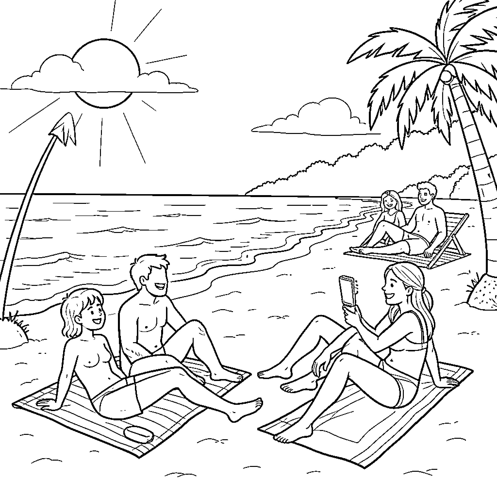 Beach scene with people relaxing on the sand Coloring Page (free black-and-white line drawing printable PDF for all, from beginners to advanced learners, including children, teens, adults, and seniors)