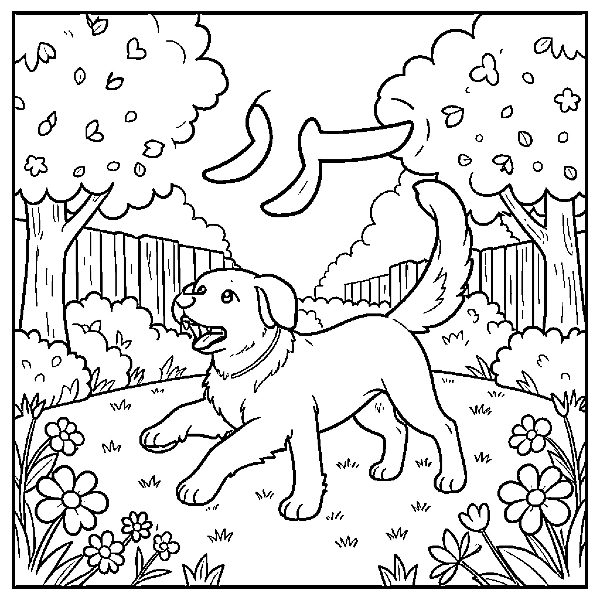 Dog running joyfully through a flowery garden Coloring Page (free black-and-white line drawing printable PDF for all, from beginners to advanced learners, including children, teens, adults, and seniors)