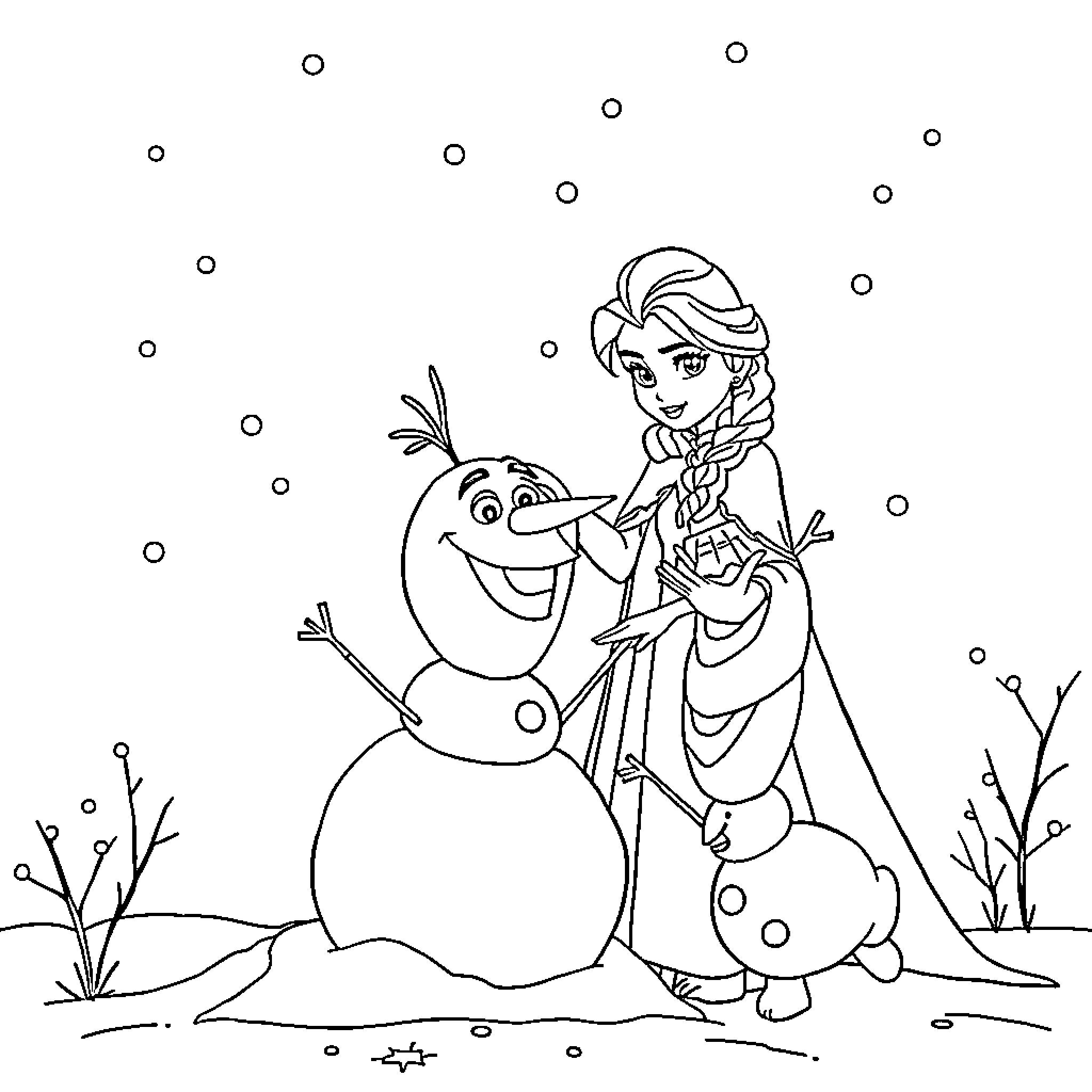 Elsa and Olaf building a snowman in the winter Coloring Page (free black-and-white line drawing printable PDF for all, from beginners to advanced learners, including children, teens, adults, and seniors)