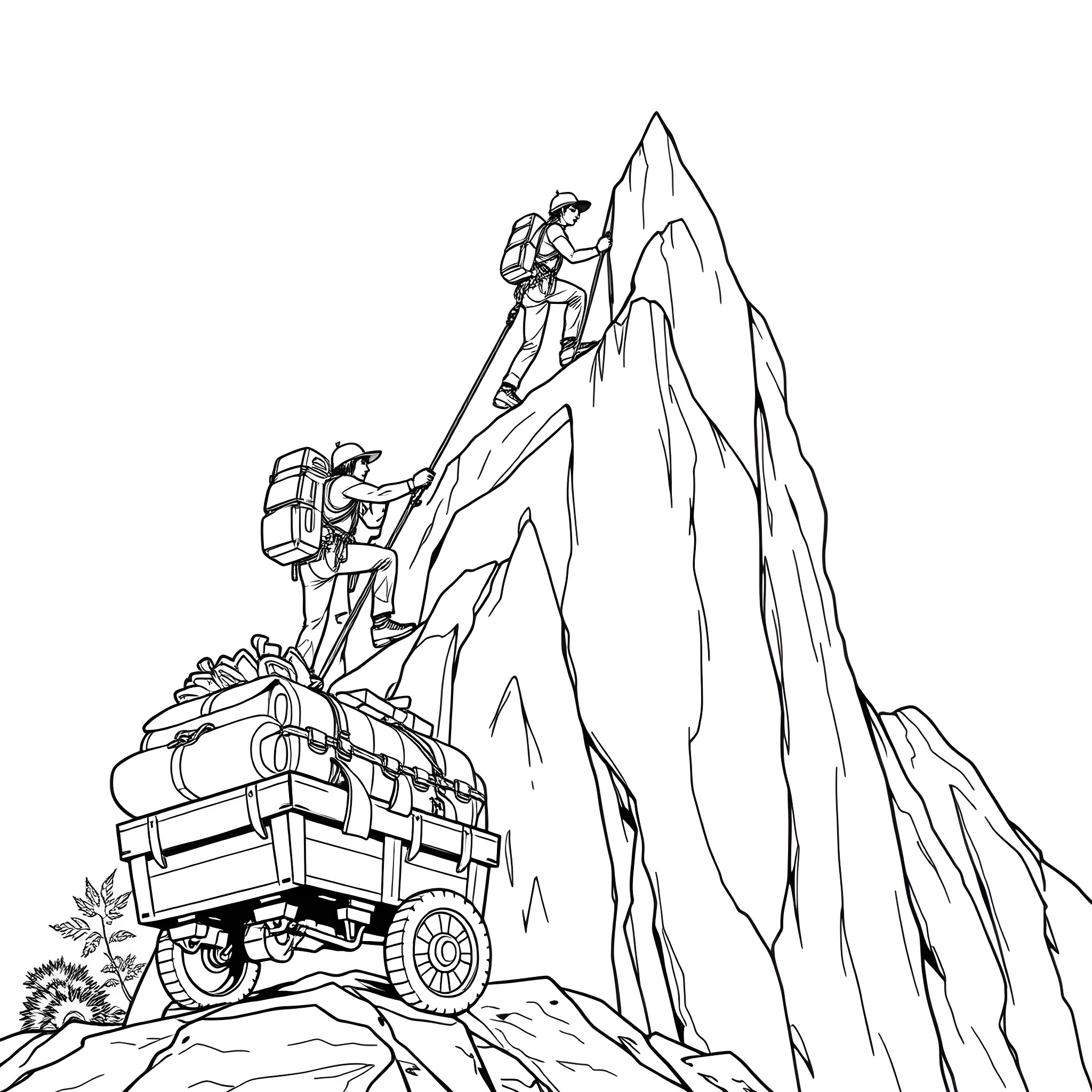 Rock Climbers Scaling Challenging Mountain Terrain Coloring Page (free black-and-white line drawing printable PDF for all, from beginners to advanced learners, including children, teens, adults, and seniors)