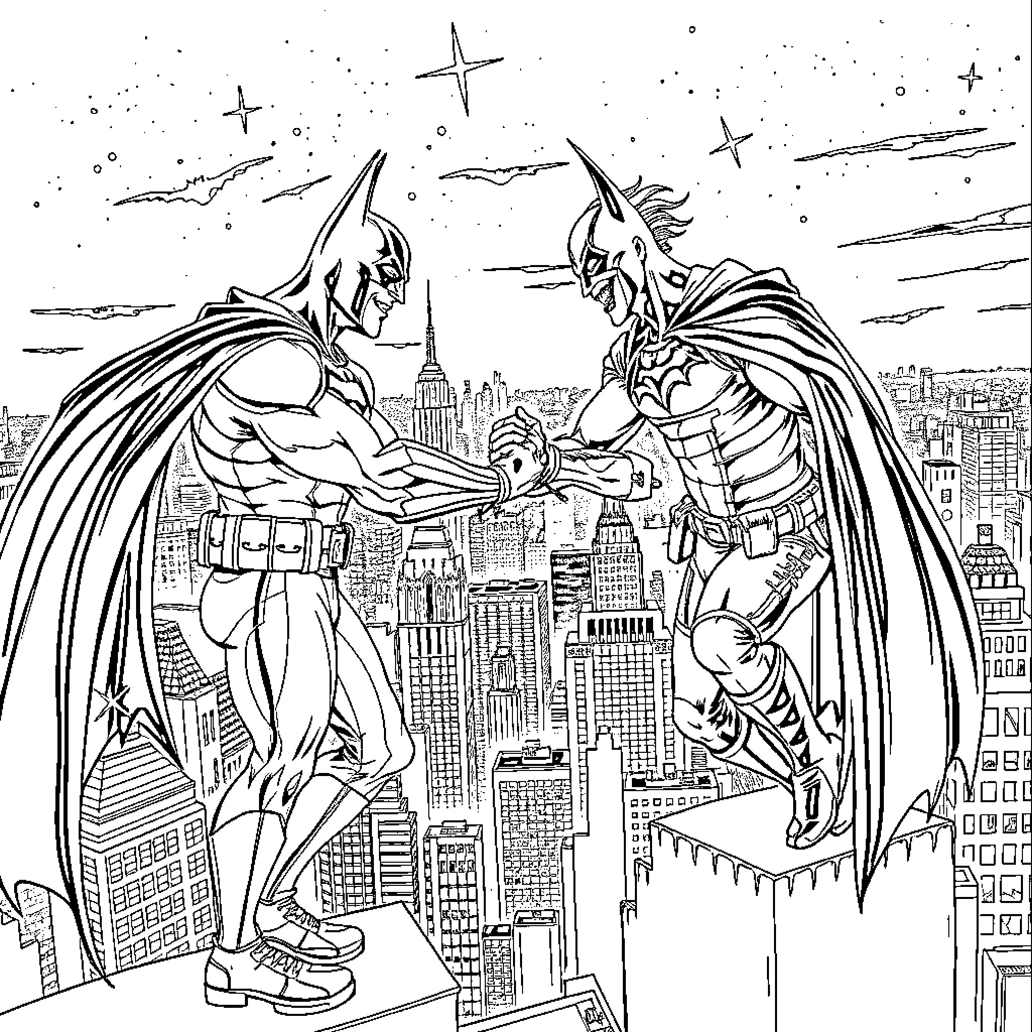 Batman and Villain Clash Over Gotham City Skyline Coloring Page (free black-and-white line drawing printable PDF for all, from beginners to advanced learners, including children, teens, adults, and seniors)