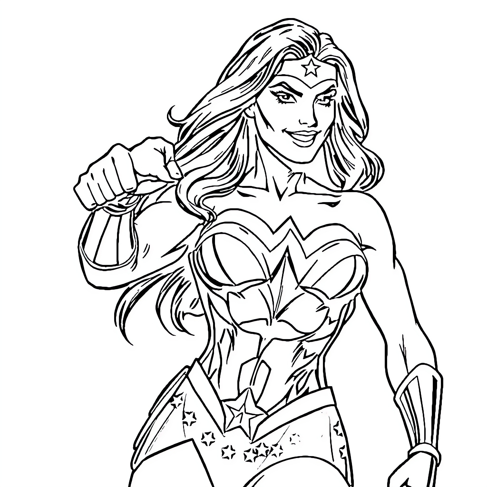 Wonder Woman striking a heroic pose Coloring Page (free black-and-white line drawing printable PDF for all, from beginners to advanced learners, including children, teens, adults, and seniors)