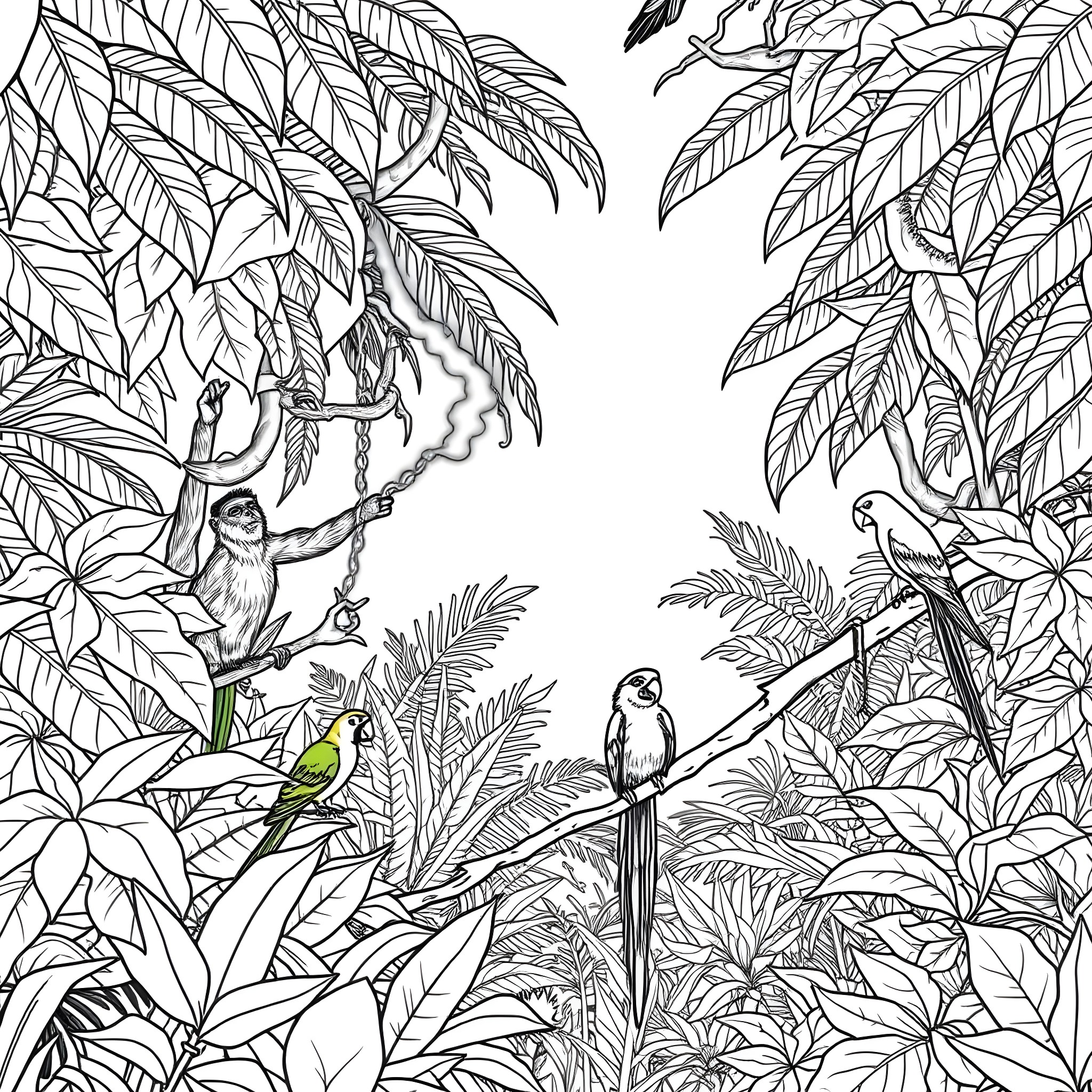 Jungle scene with monkeys and birds Coloring Page (free black-and-white line drawing printable PDF for all, from beginners to advanced learners, including children, teens, adults, and seniors)