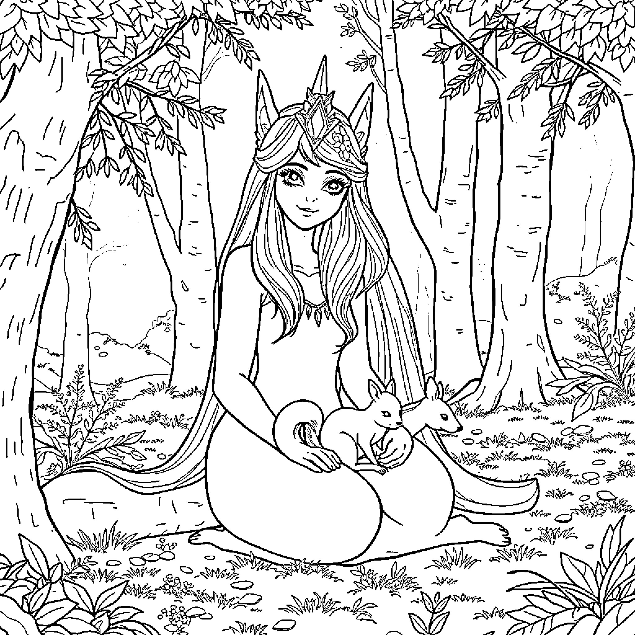 Aurora's Enchanted Forest Adventure Coloring Page (free black-and-white line drawing printable PDF for all, from beginners to advanced learners, including children, teens, adults, and seniors)
