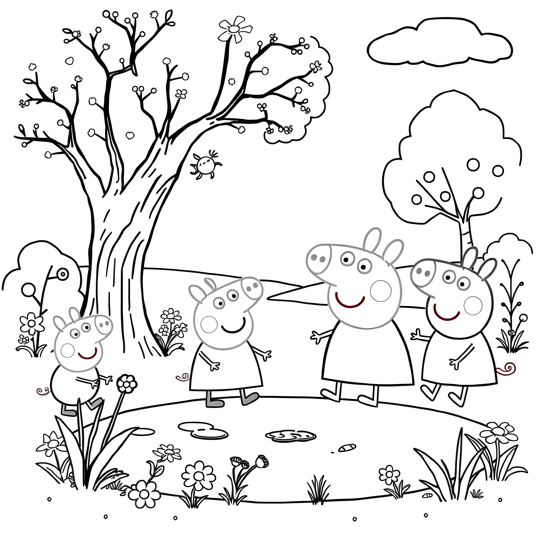 Peppa Pig family in a nature scene Coloring Page (free black-and-white line drawing printable PDF for all, from beginners to advanced learners, including children, teens, adults, and seniors)