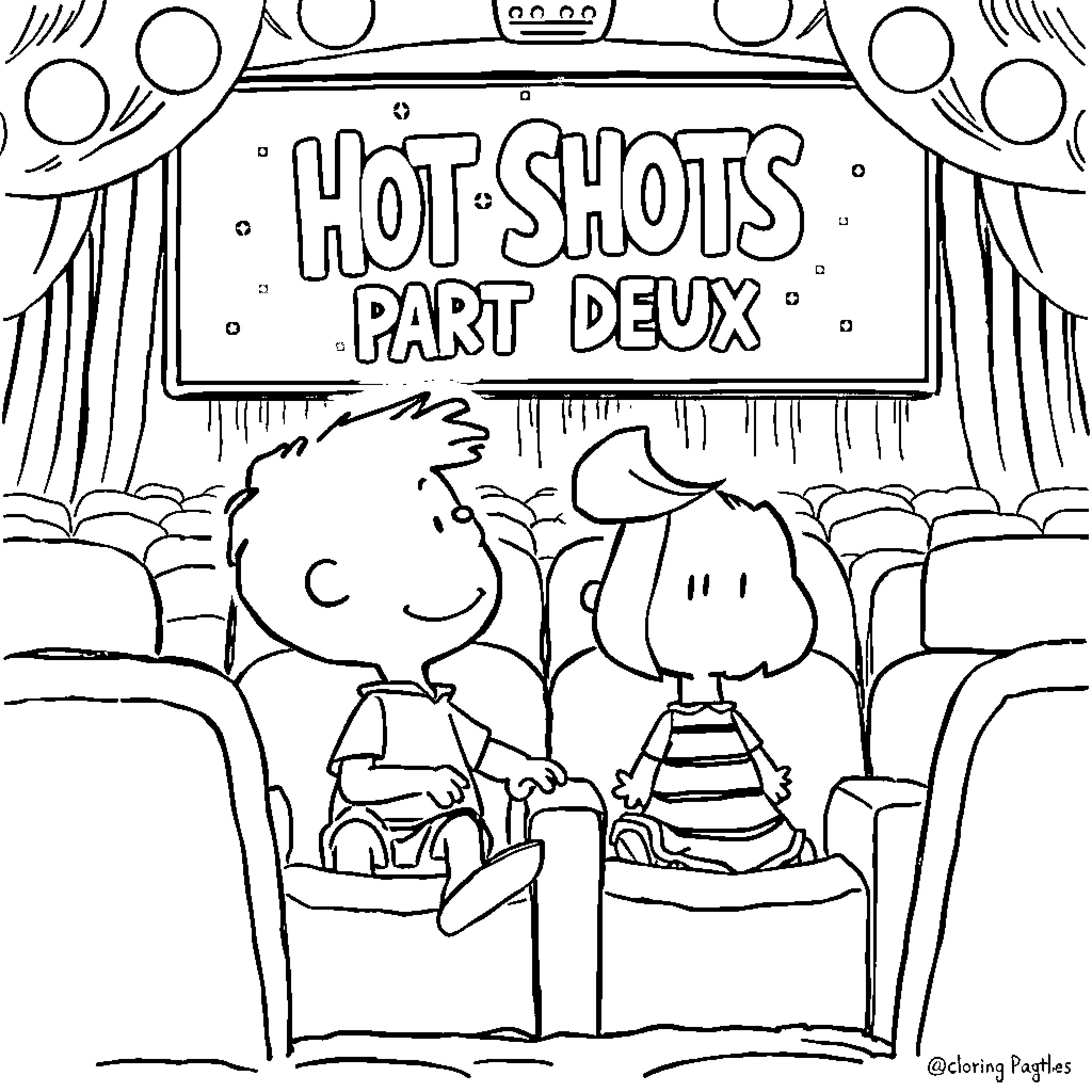 Linus enjoys 'Hot Shots Part Deux' with a friend Coloring Page (free black-and-white line drawing printable PDF for all, from beginners to advanced learners, including children, teens, adults, and seniors)