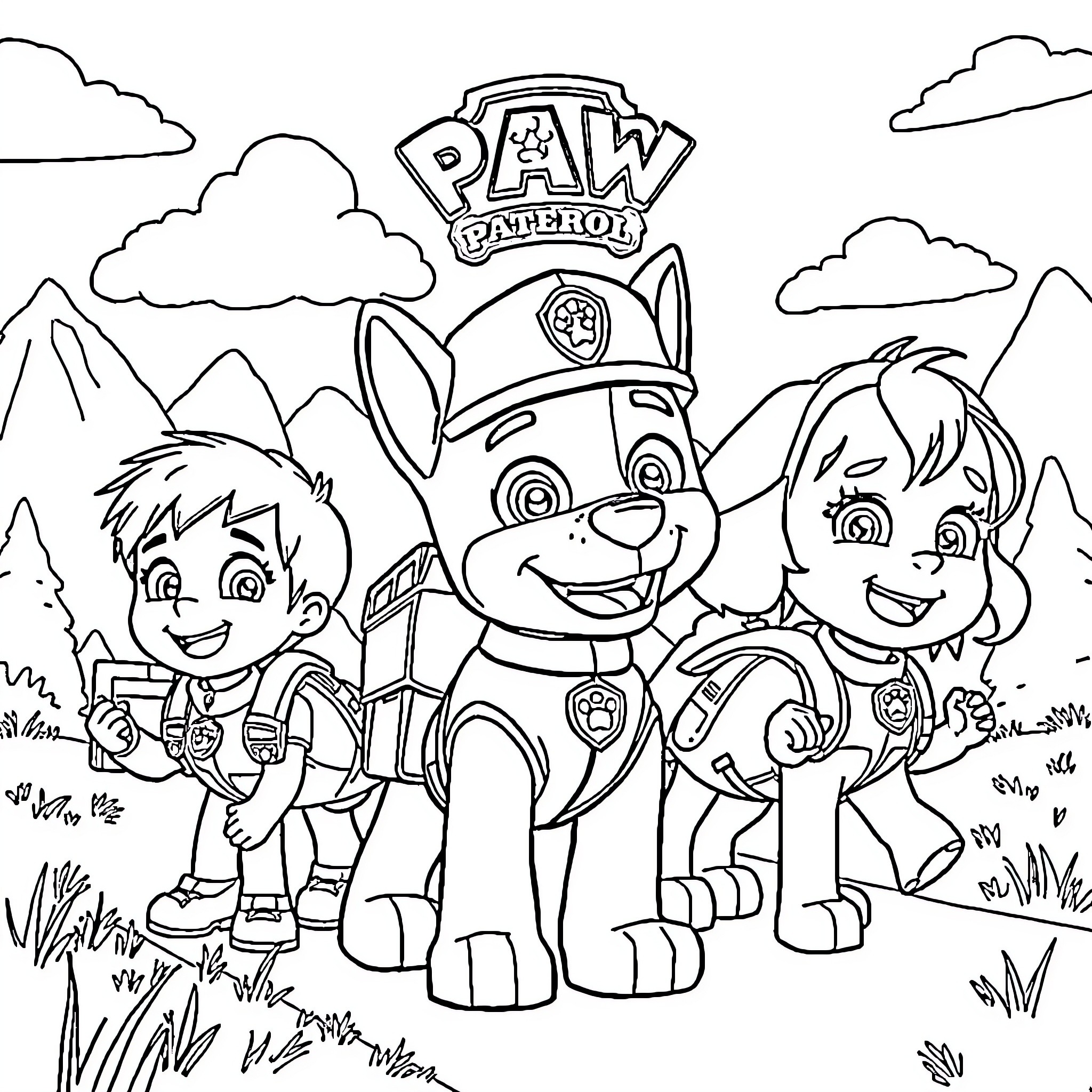 Paw Patrol characters on an adventure Coloring Page (free black-and-white line drawing printable PDF for all, from beginners to advanced learners, including children, teens, adults, and seniors)