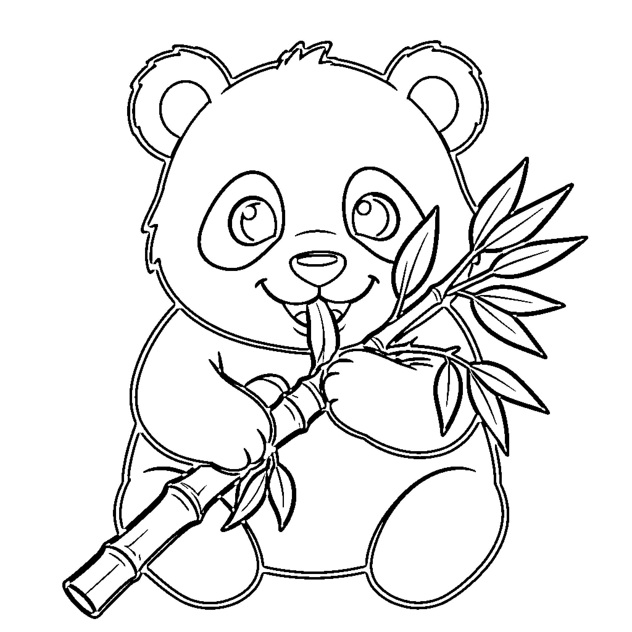 Panda Holding Bamboo Leaves Happily Coloring Page (free black-and-white line drawing printable PDF for all, from beginners to advanced learners, including children, teens, adults, and seniors)