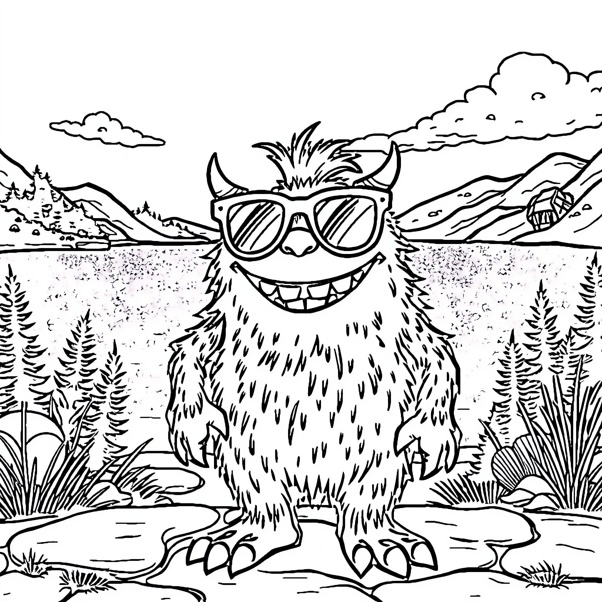 Monster in Sunglasses Enjoying the Outdoors Coloring Page (free black-and-white line drawing printable PDF for all, from beginners to advanced learners, including children, teens, adults, and seniors)
