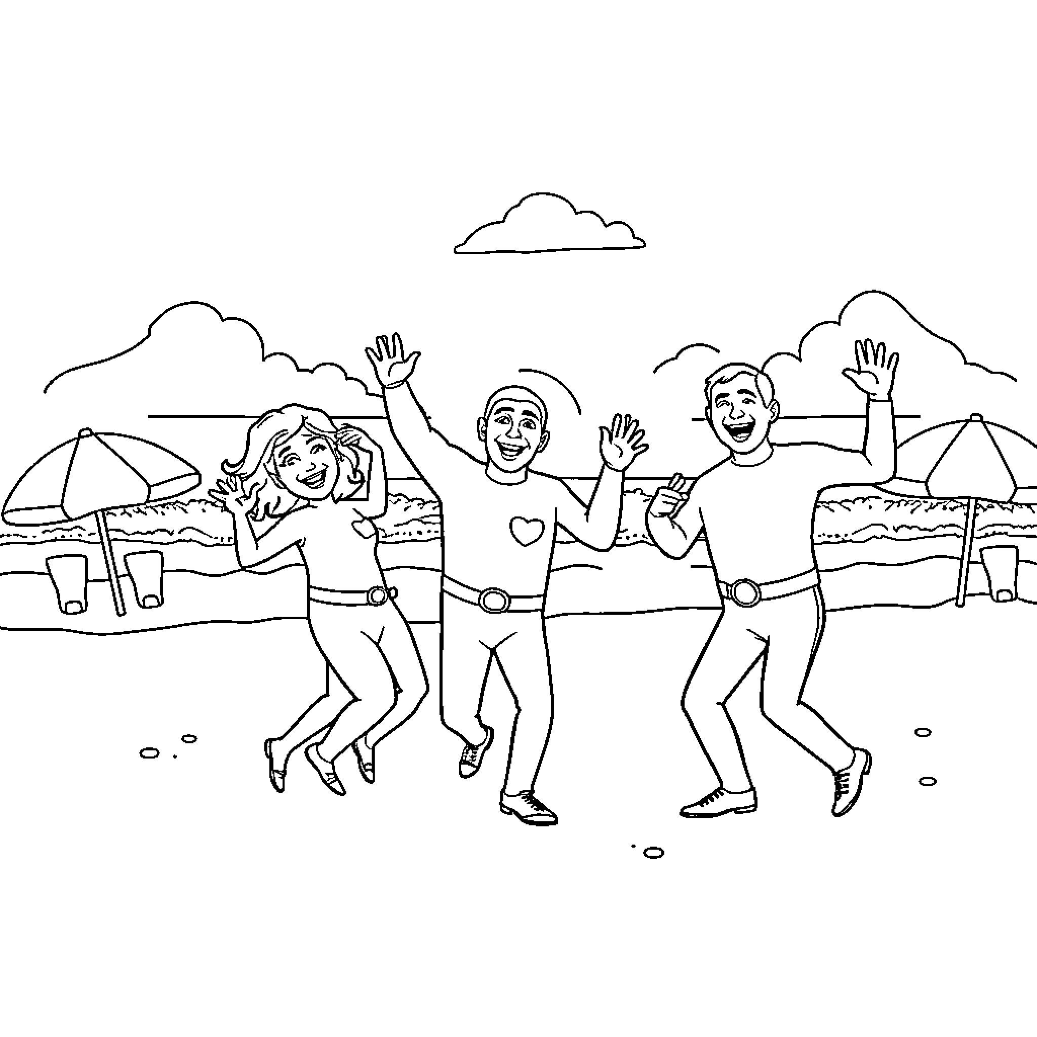 Wiggles and Waves on a Beach Day Coloring Page (free black-and-white line drawing printable PDF for all, from beginners to advanced learners, including children, teens, adults, and seniors)