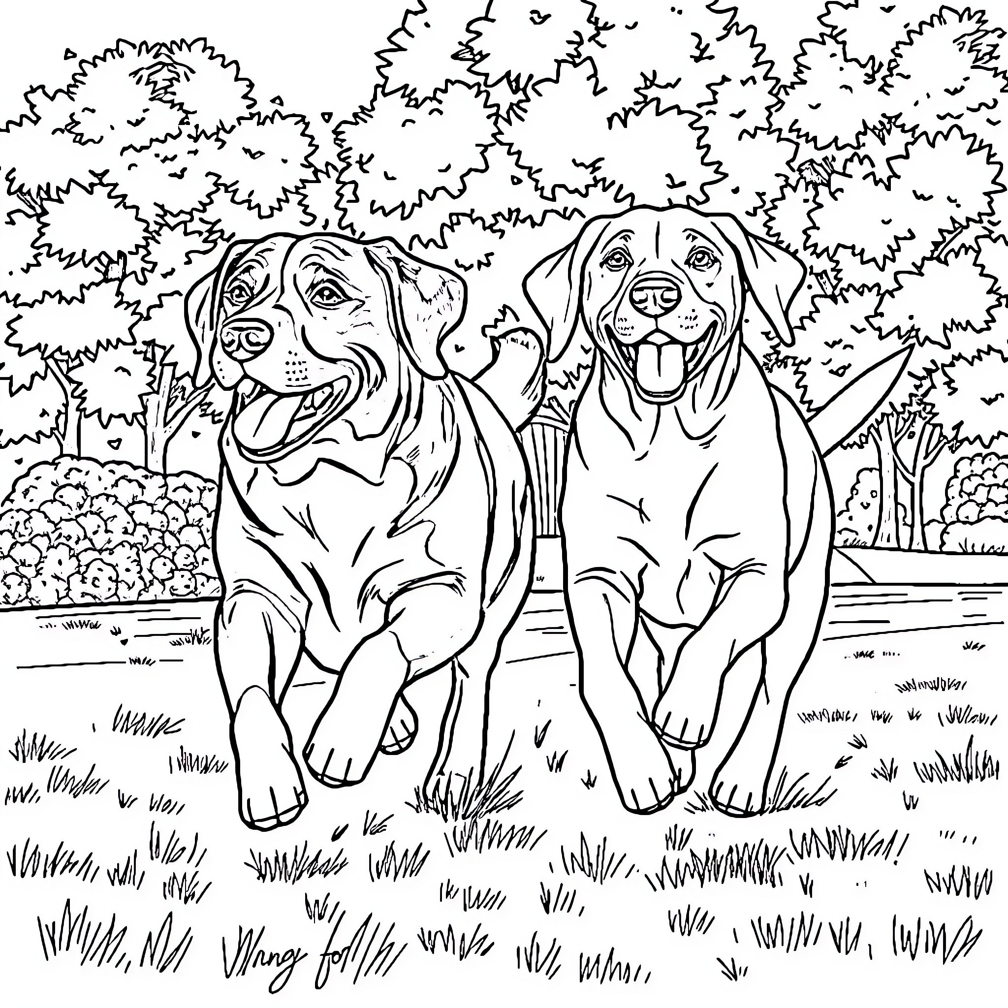 Labrador dogs enjoying the outdoors Coloring Page (free black-and-white line drawing printable PDF for all, from beginners to advanced learners, including children, teens, adults, and seniors)