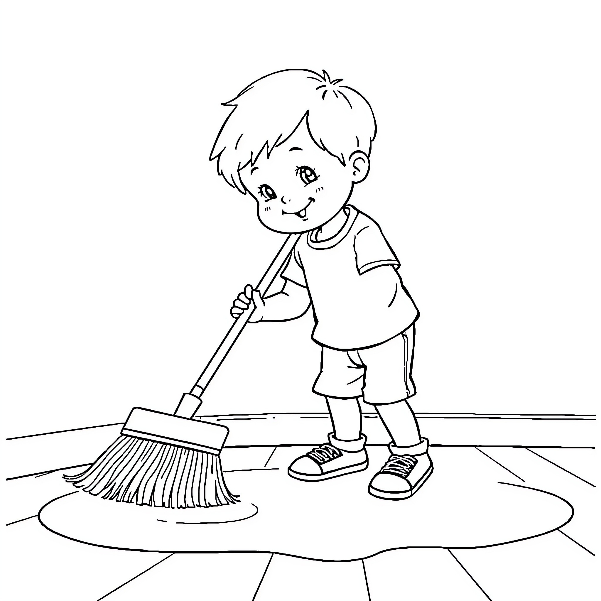 Child Sweeping the Floor with Determination Coloring Page (free black-and-white line drawing printable PDF for all, from beginners to advanced learners, including children, teens, adults, and seniors)
