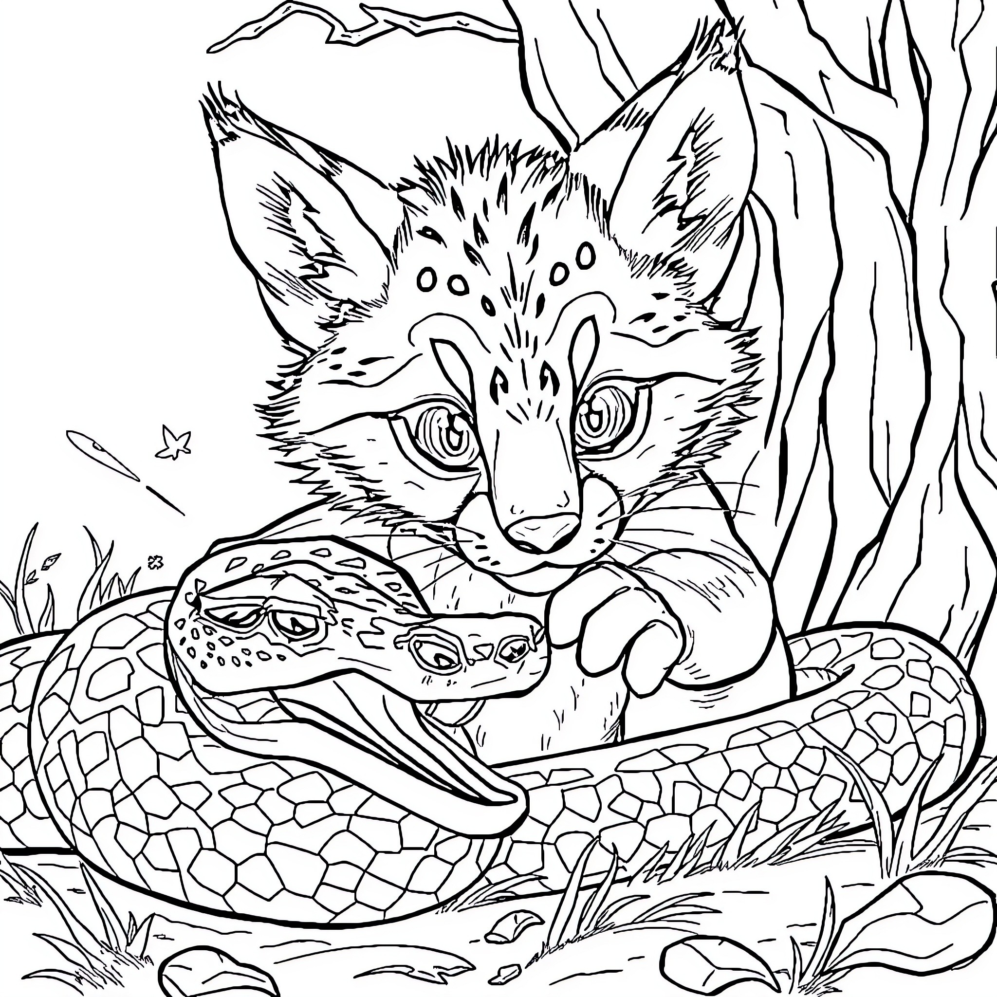 Bull-like creature confronting snake in nature Coloring Page (free black-and-white line drawing printable PDF for all, from beginners to advanced learners, including children, teens, adults, and seniors)