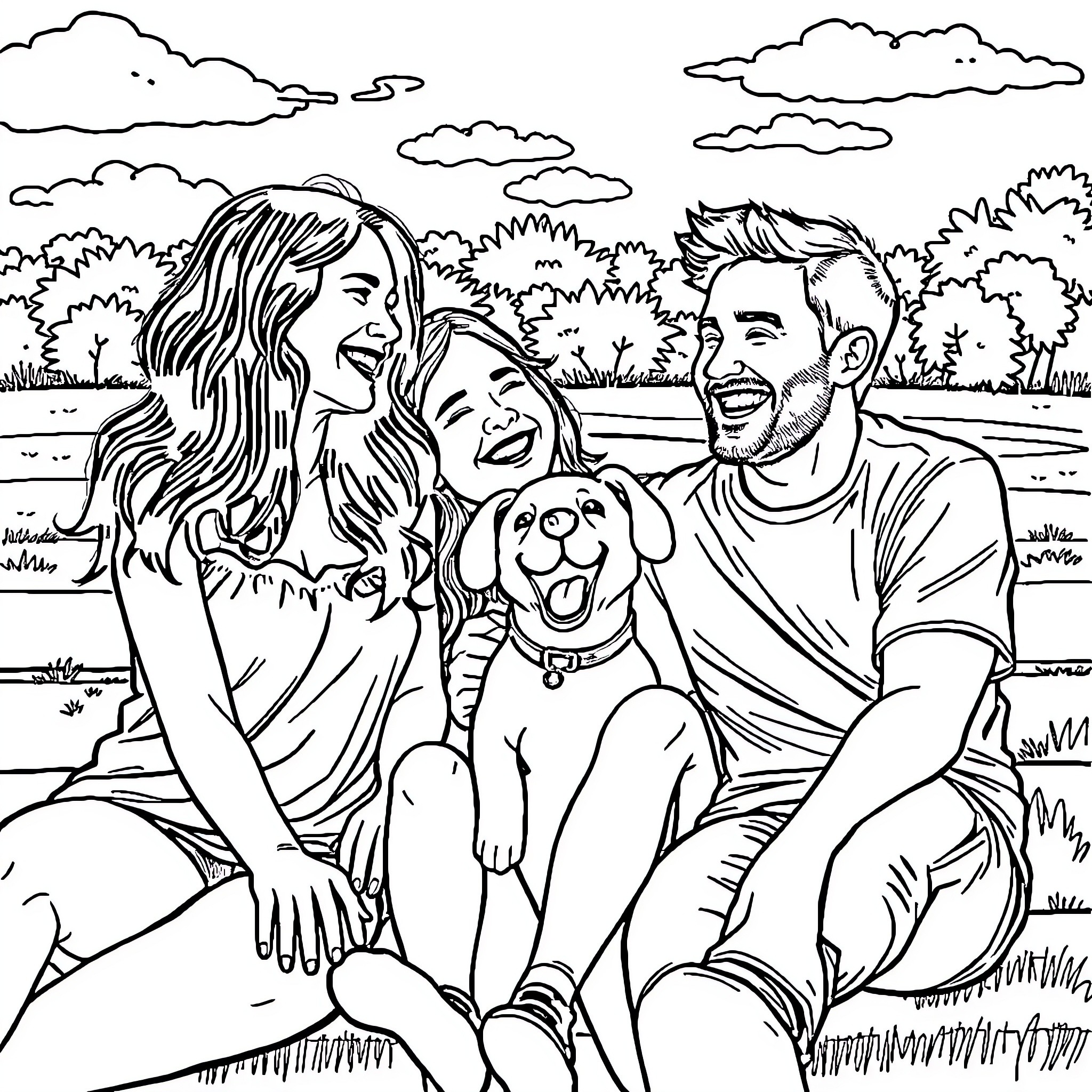 Friend enjoying a joyful moment with family outdoors Coloring Page (free black-and-white line drawing printable PDF for all, from beginners to advanced learners, including children, teens, adults, and seniors)