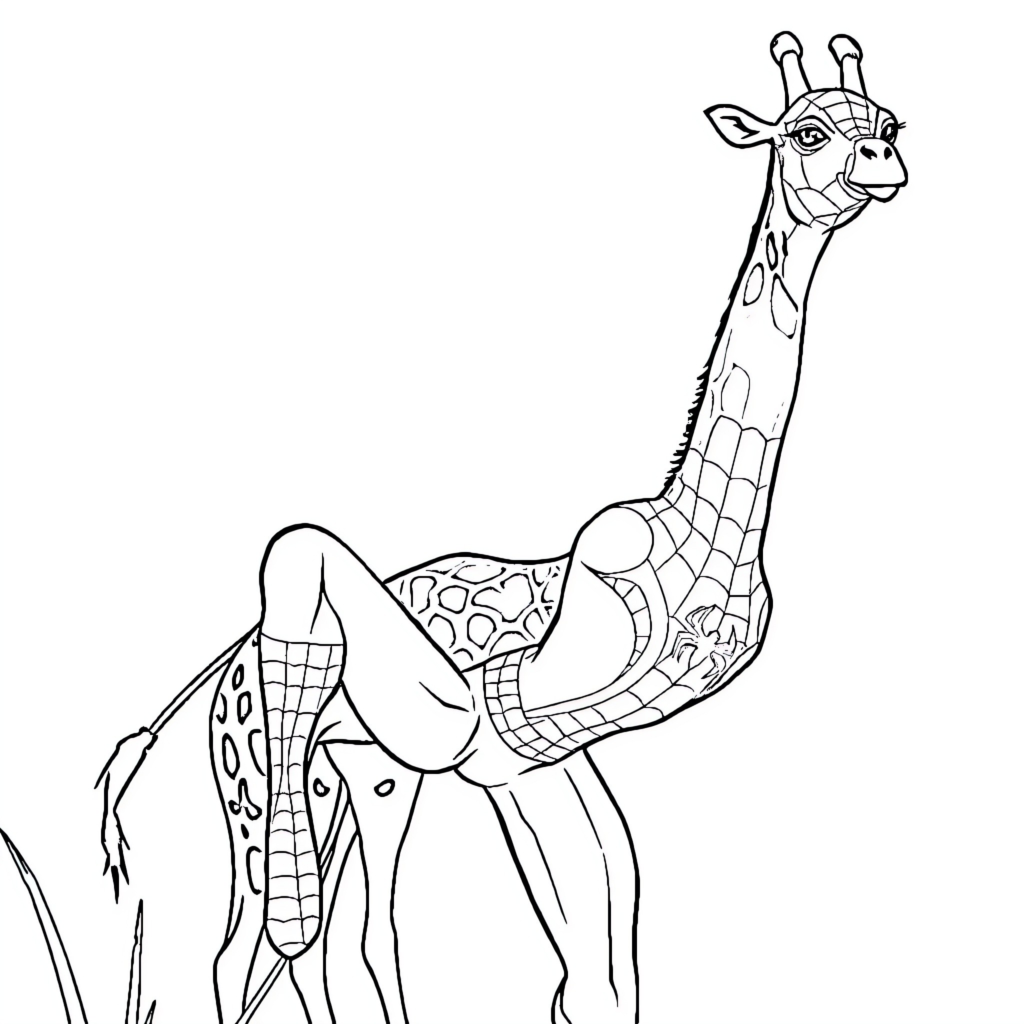 Spiderman Giraffe in Cartoon Adventure Coloring Page (free black-and-white line drawing printable PDF for all, from beginners to advanced learners, including children, teens, adults, and seniors)