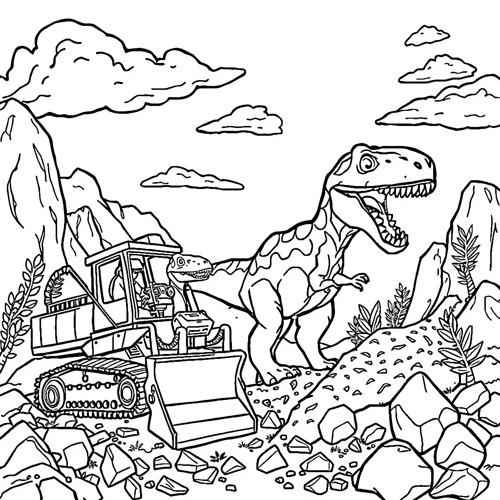 Dinosaur roaring at construction equipment in natural setting Coloring Page (free black-and-white line drawing printable PDF for all, from beginners to advanced learners, including children, teens, adults, and seniors)