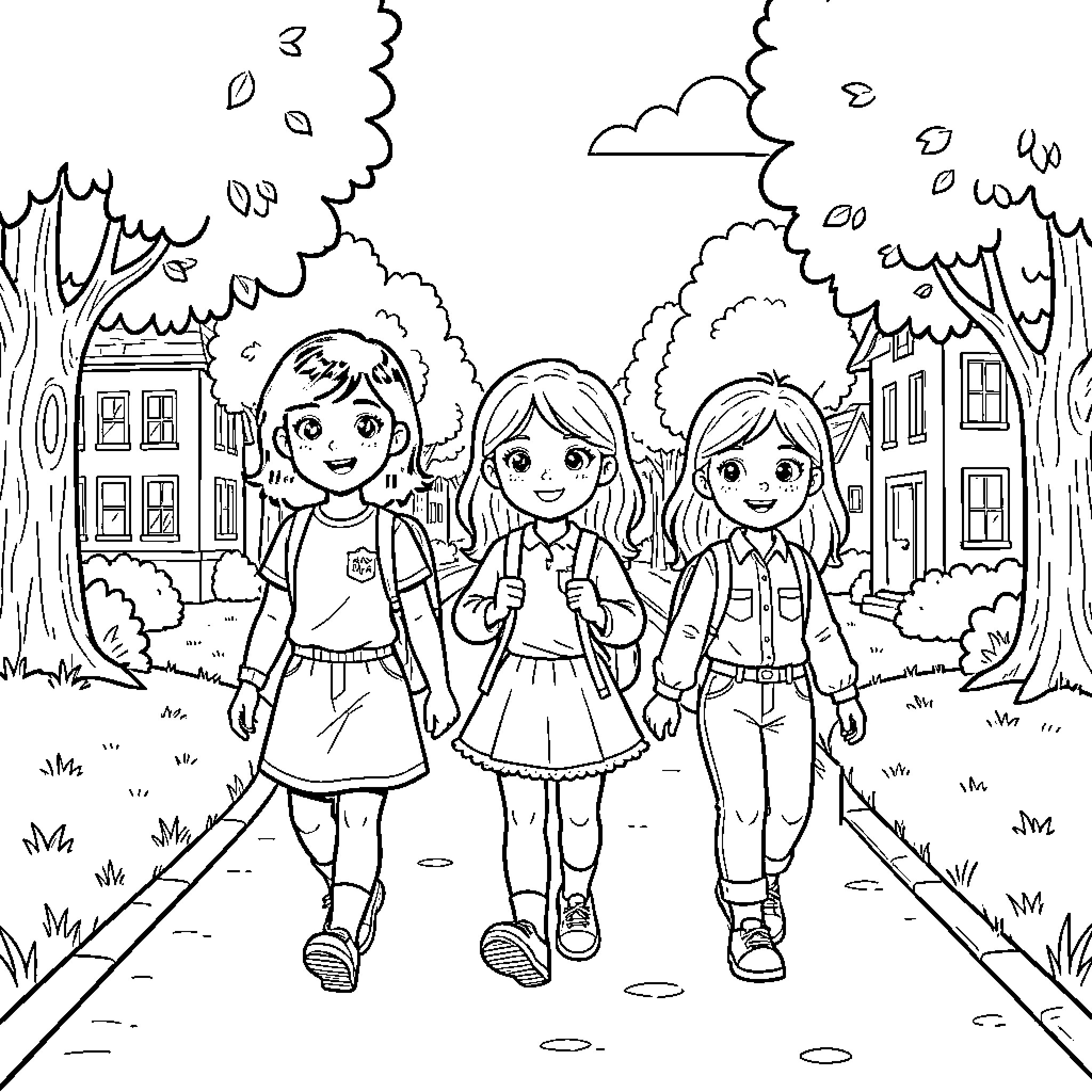 School girls walking together on a path Coloring Page (free black-and-white line drawing printable PDF for all, from beginners to advanced learners, including children, teens, adults, and seniors)