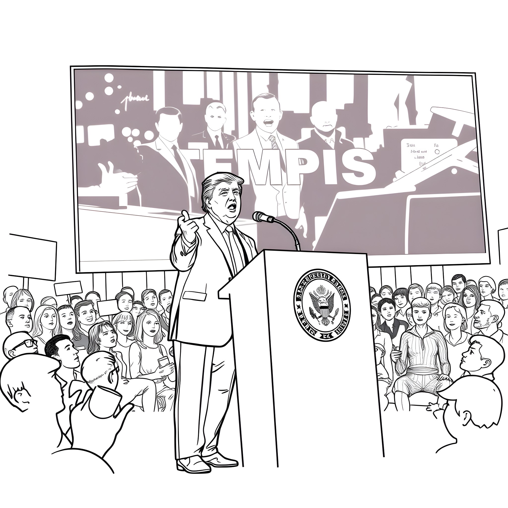 Trump addressing crowd at political rally Coloring Page (free black-and-white line drawing printable PDF for all, from beginners to advanced learners, including children, teens, adults, and seniors)