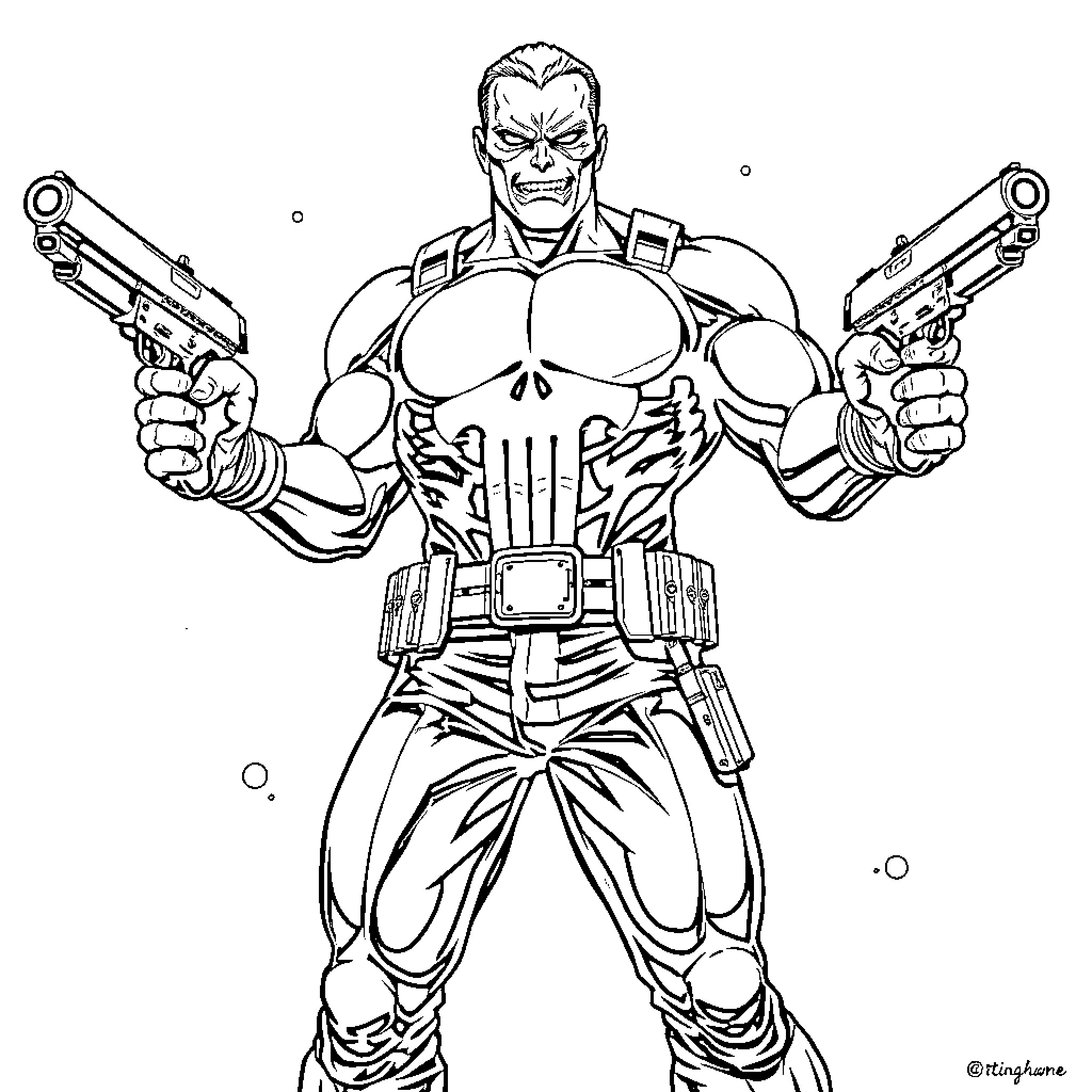 Punisher wielding firearms in intense stance Coloring Page (free black-and-white line drawing printable PDF for all, from beginners to advanced learners, including children, teens, adults, and seniors)