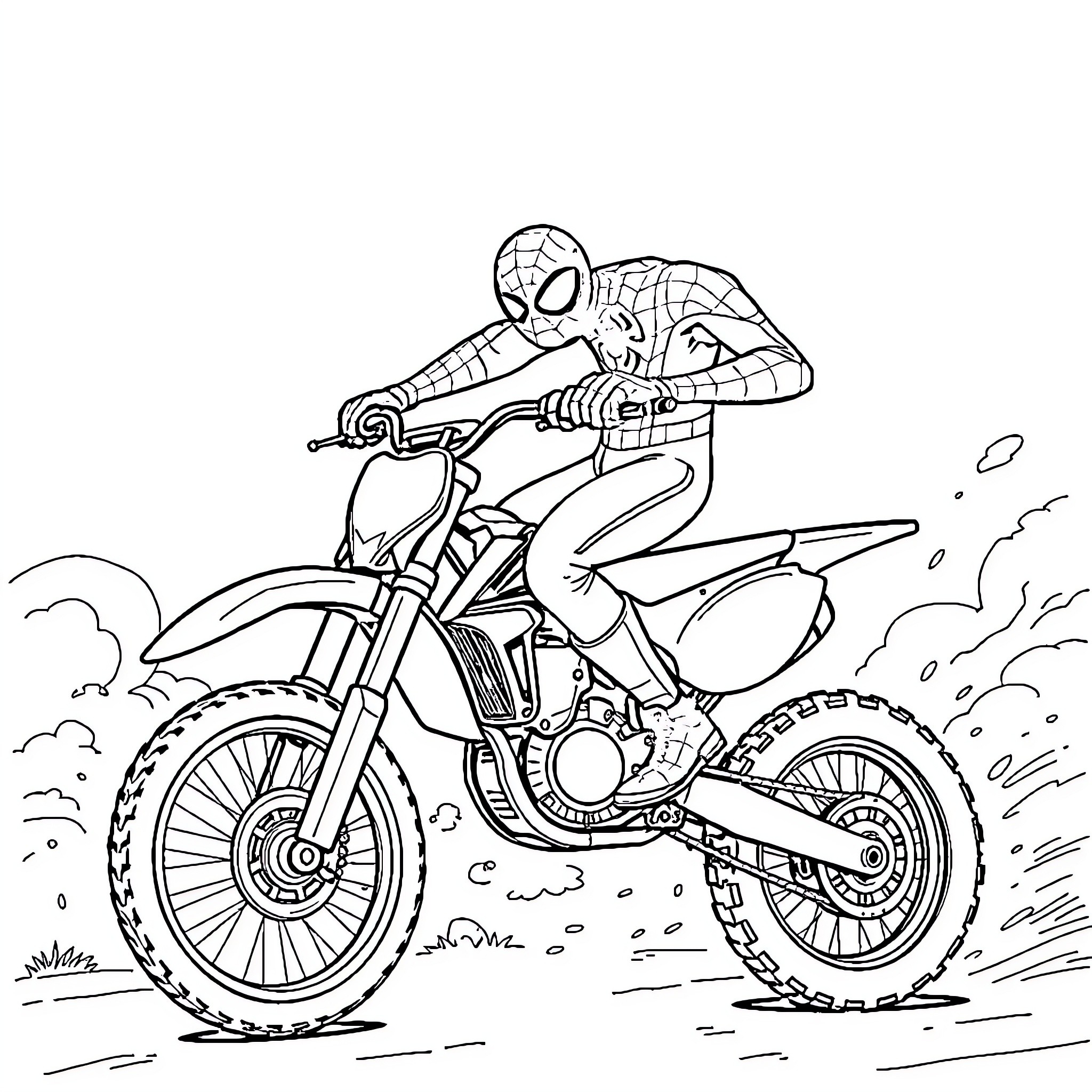 Spiderman riding a dirt bike through the terrain Coloring Page (free black-and-white line drawing printable PDF for all, from beginners to advanced learners, including children, teens, adults, and seniors)