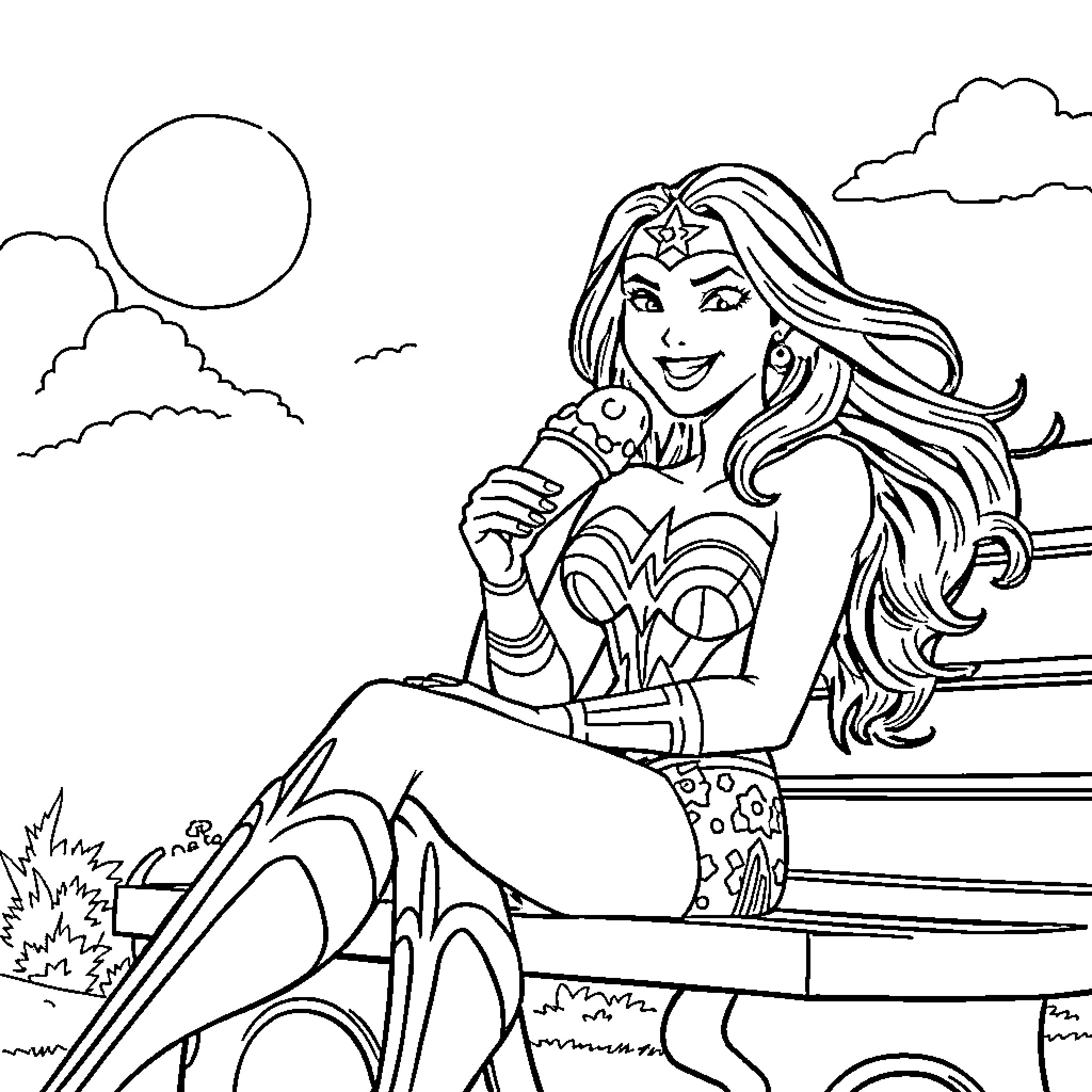 Wonder Woman in heroic pose on stairway Coloring Page (free black-and-white line drawing printable PDF for all, from beginners to advanced learners, including children, teens, adults, and seniors)