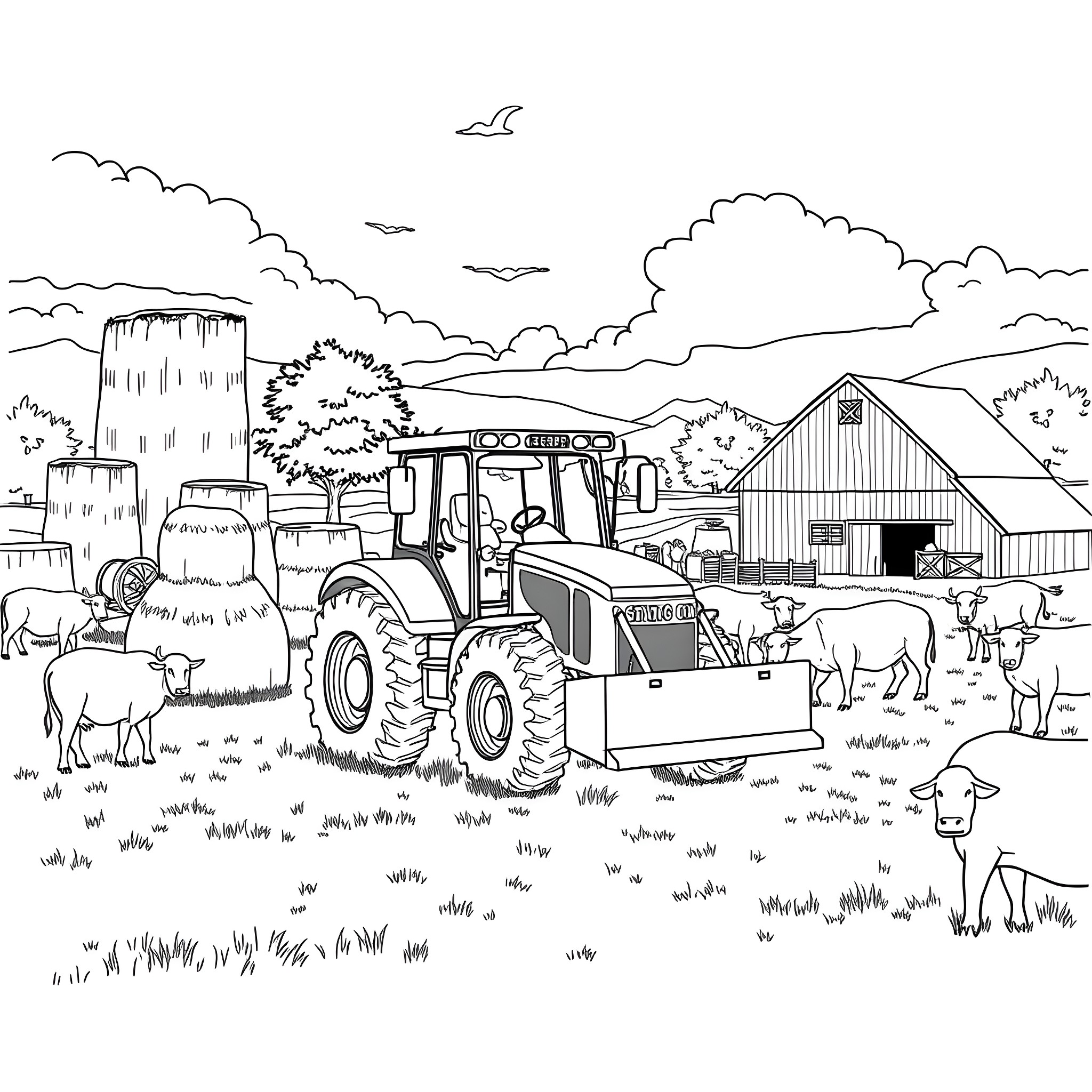 Skid Steer Tractor Working on a Countryside Farm Coloring Page (free black-and-white line drawing printable PDF for all, from beginners to advanced learners, including children, teens, adults, and seniors)