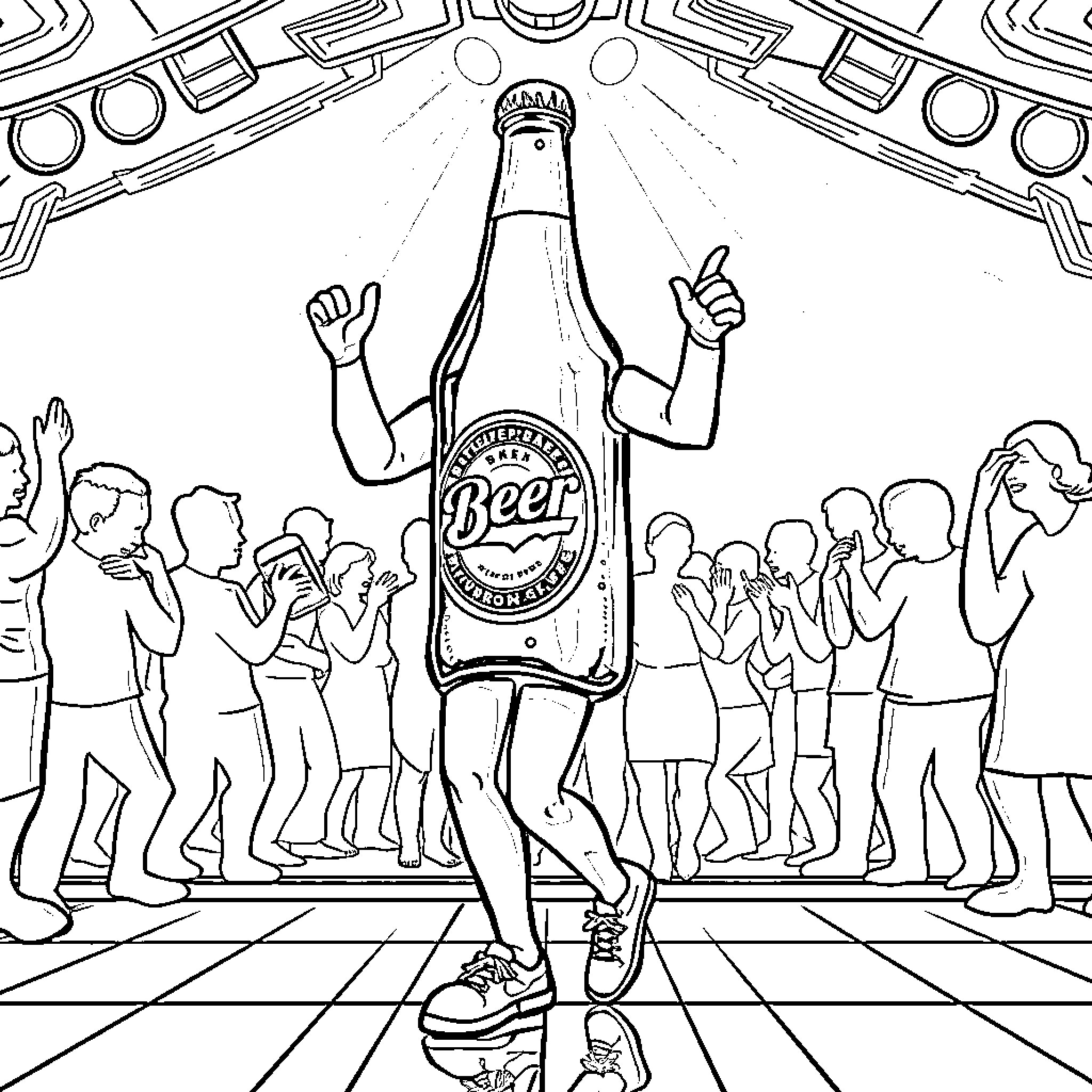 Human figure celebrating with a beer bottle in a crowd Coloring Page (free black-and-white line drawing printable PDF for all, from beginners to advanced learners, including children, teens, adults, and seniors)